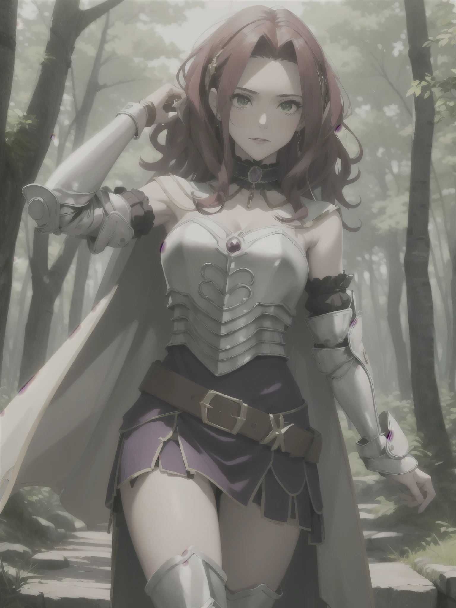  show me her armpits,masterpiece, Best Quality,  high definition, Amen , Alone, Long Hair,  choker, Cape, armor,  clevis, breastplate, armored dress,  separated sleeve, belt,  purple skirt, Thigh length,  is standing,  cowboy shot, town,  in an ancient forest ,