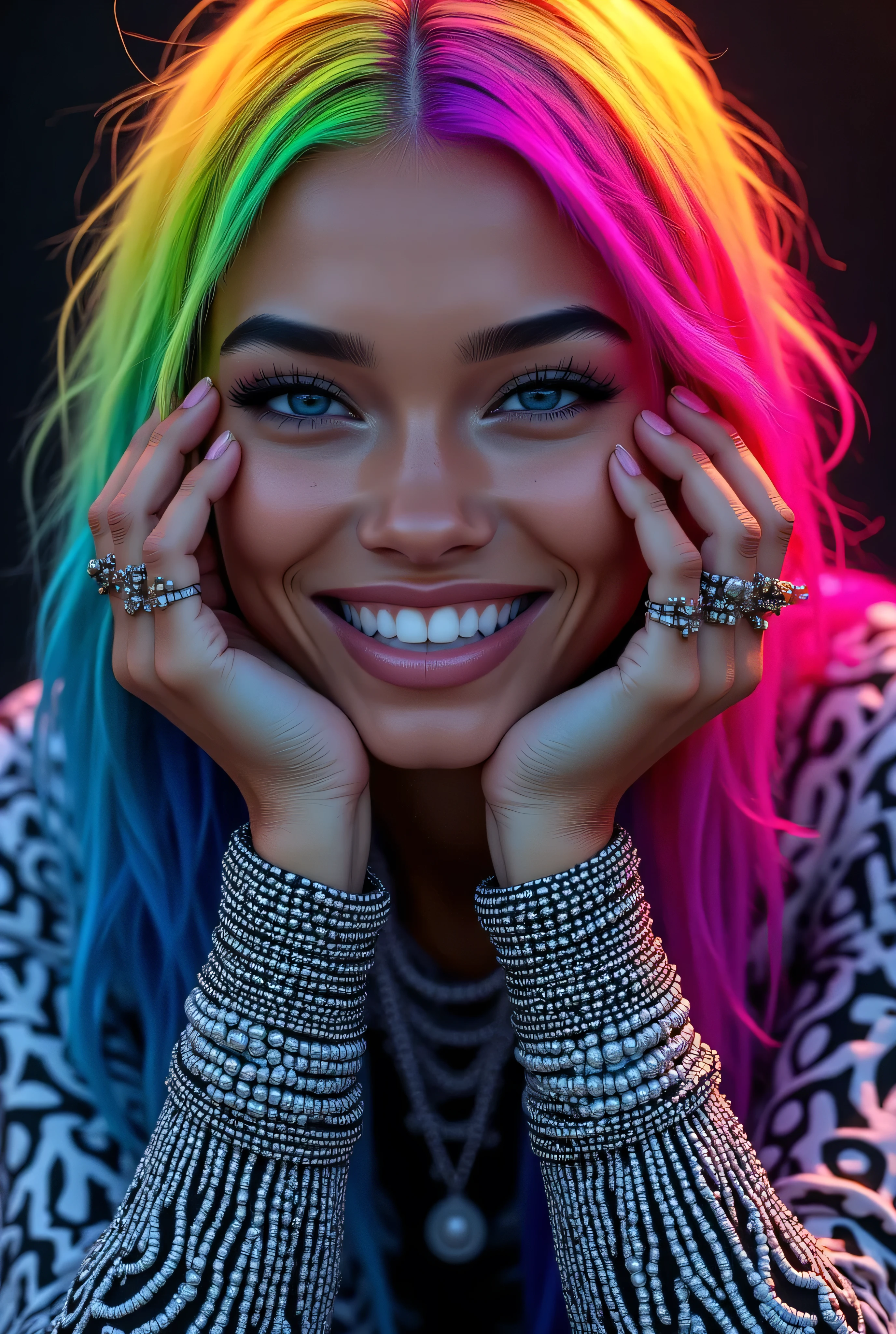 ((masterpiece, Highest quality, Best image quality, High resolution, Realistic, RAW Photos, 8k, Highly detailed CG synthesis 8k wallpaper)), (Huge and stunning goddess shot, Very hot and sexy, Incredible beauty, Perfect Proportions, Perfect hands, Perfect Fingers, Perfect Anatomy, Beautiful body, Slim body beauty:1.4), Beautiful model woman laughing out loud, Latin beauty, short curly hair dyed in colorful gradient, neon luminescence, fashion magazine cover, hair dyed in rainbow neon, close-up of head, detail, (simple background, black background: 1.3), “colorful” text at top of screen written in large letters,