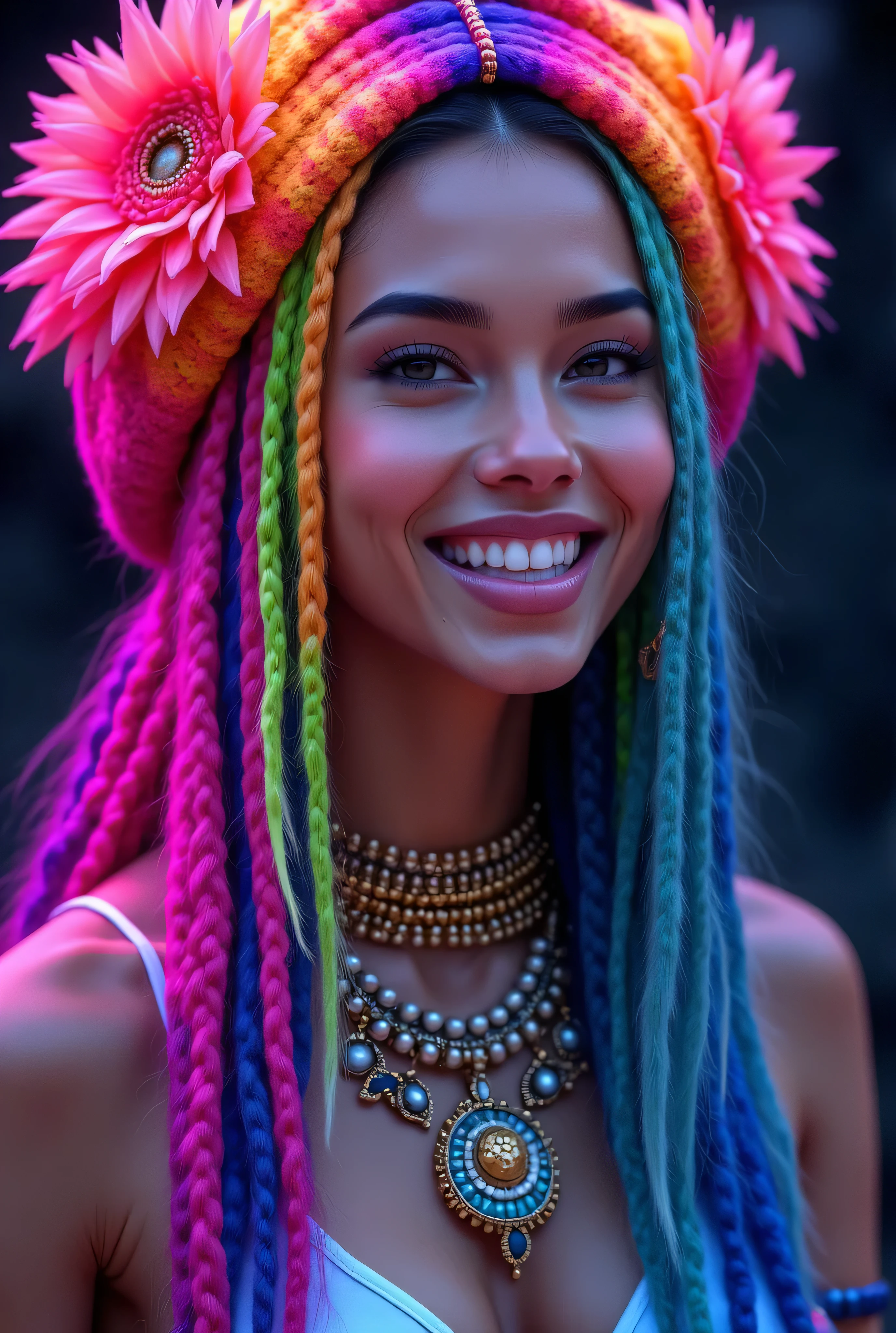 ((masterpiece, Highest quality, Best image quality, High resolution, Realistic, RAW Photos, 8k, Highly detailed CG synthesis 8k wallpaper)), (Huge and stunning goddess shot, Very hot and sexy, Incredible beauty, Perfect Proportions, Perfect hands, Perfect Fingers, Perfect Anatomy, Beautiful body, Slim body beauty:1.4), Beautiful model woman laughing out loud, Latin beauty, short curly hair dyed in colorful gradient, neon luminescence, fashion magazine cover, hair dyed in rainbow neon, close-up of head, detail, (simple background, black background: 1.3), “colorful” text at top of screen written in large letters,