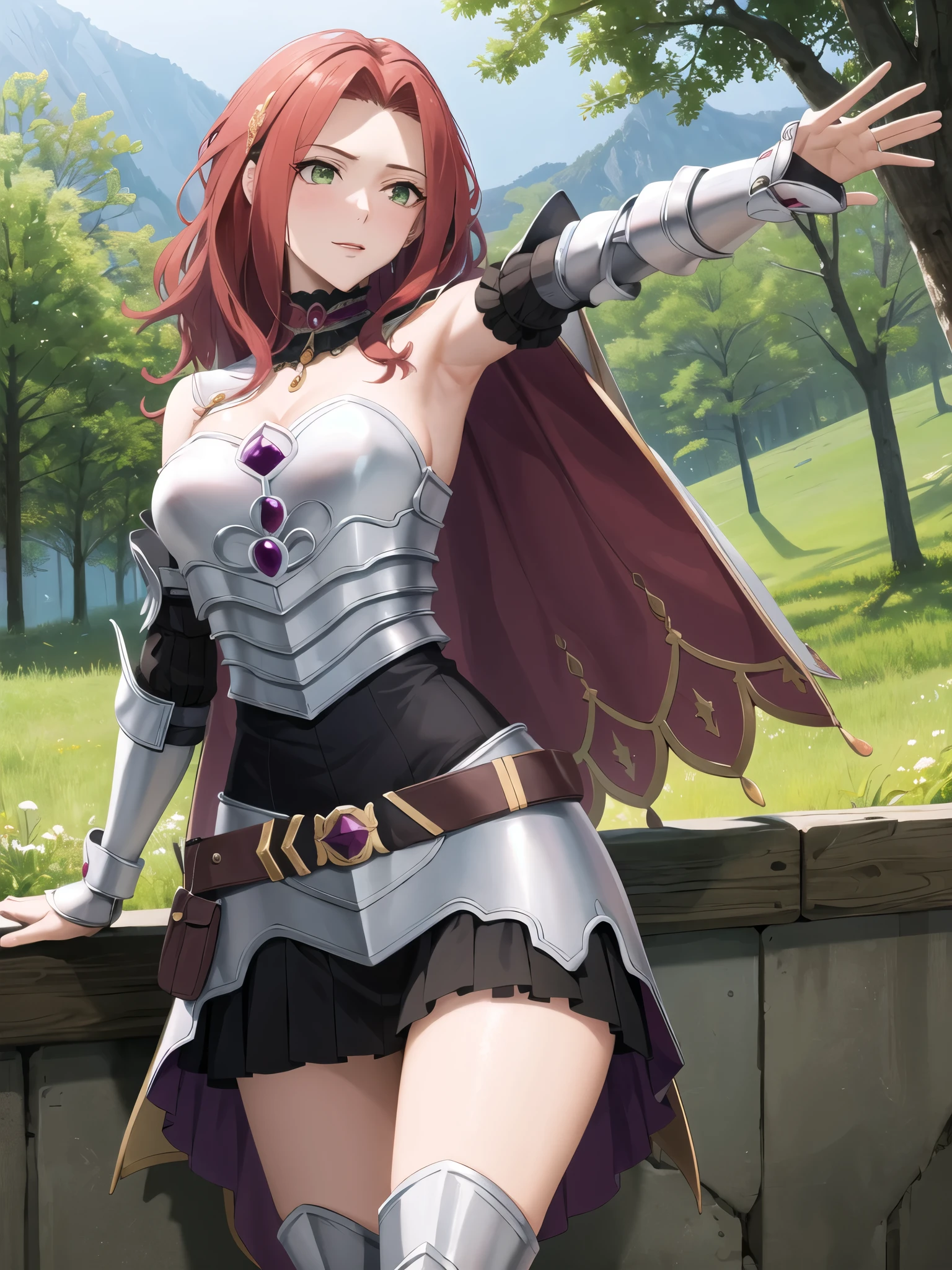  show me her armpits,masterpiece, Best Quality,  high definition, Amen , Alone, Long Hair,  choker, Cape, armor,  clevis, breastplate, armored dress,  separated sleeve, belt,  purple skirt, Thigh length,  is standing,  cowboy shot, town,  in an ancient forest ,