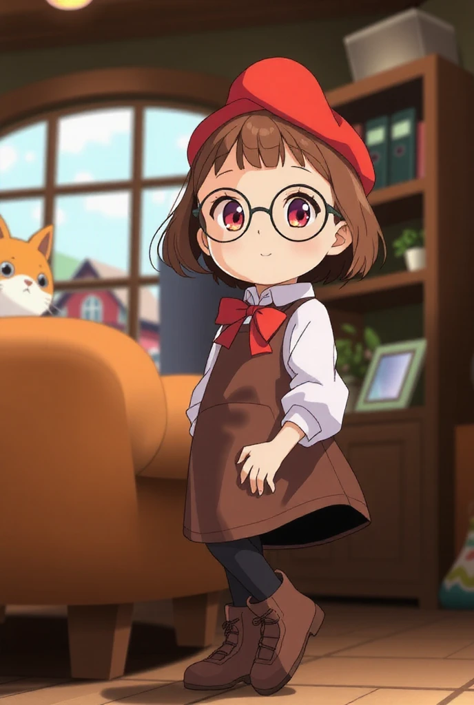  10 year old girl、Red Beret、 Red Eyes、Cocoa brown hair、 short bob、Round Glasses、 white blouse、Red ribbon around neck、Brown apron、Black tights、Brown boots、smile