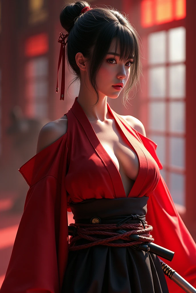 Samurai Girl, Her short black hair was tied back, Wearing a Japanese kimono and hakama, She has two Japanese swords crossed at her waist.., ((masterpiece, Highest quality, Best image quality, High resolution, Realistic, RAW Photos, 8k)), ((Highly detailed CG synthesis 8k wallpaper)), (Huge and stunning goddess shot, Very hot and sexy, Incredible beauty, Perfect Proportions, Beautiful body, Slim body beauty:1.4),  