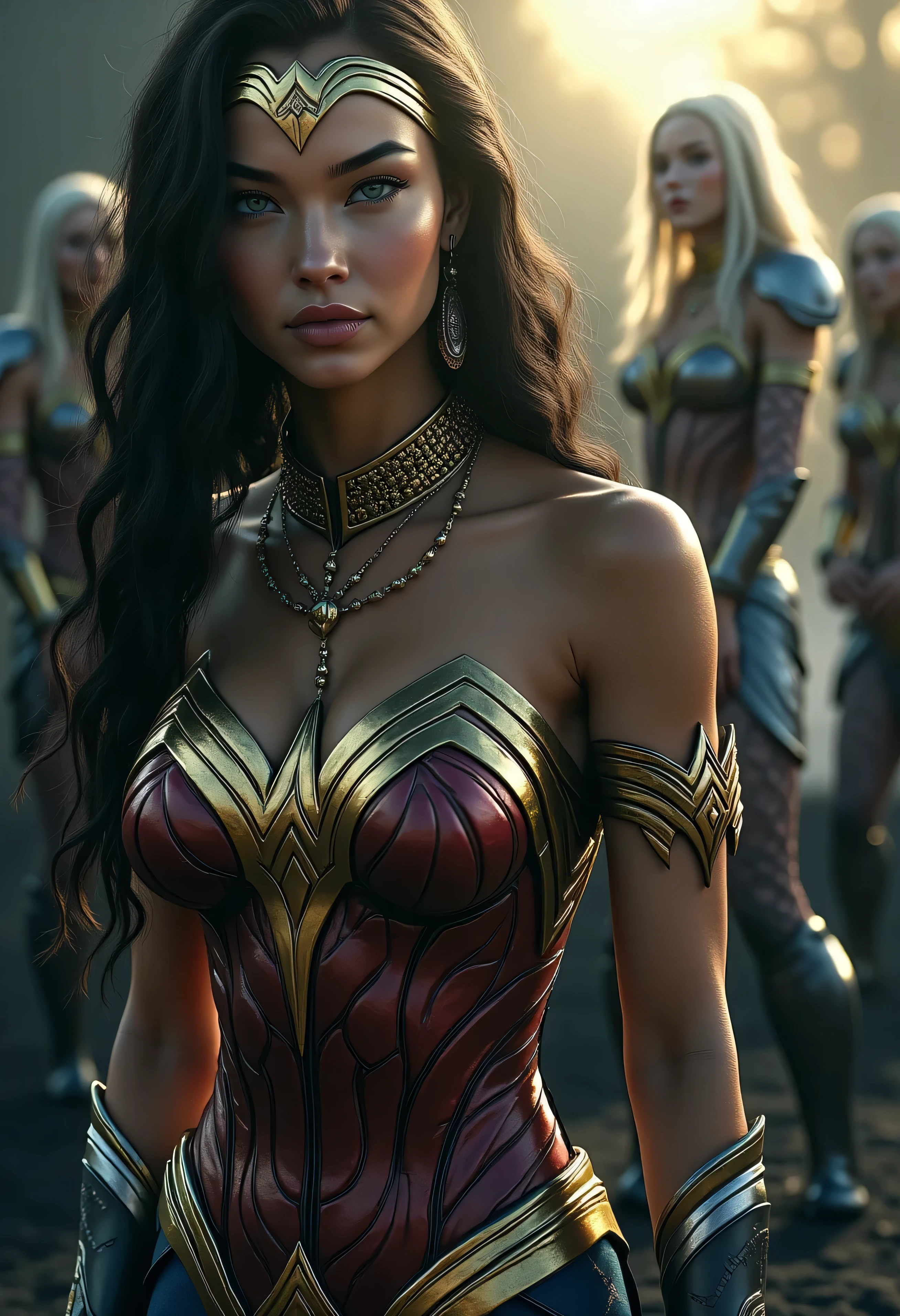 Scene from Movie, Wonder Woman from DC Close-Up, Distorted Space, Distorted Undead in the Background, Lens Flares, Light Shafts, Intricate Details, High Detailed, Volumetric Lighting, 4k Rendering, Stock Photo, Hyper-Realistic, Realistic Textures, Dramatic Lighting, Unreal Engine