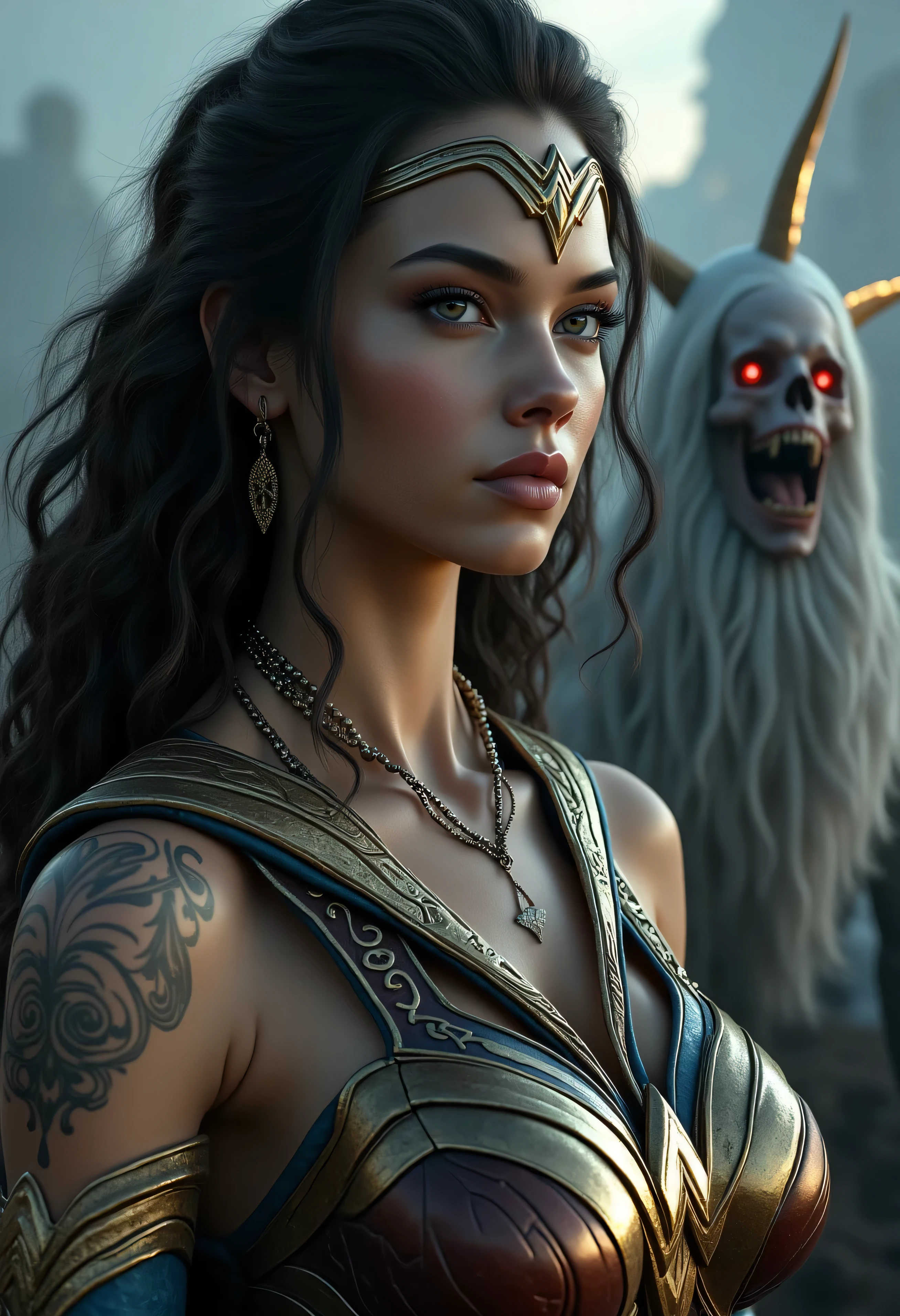 Scene from Movie, Wonder Woman from DC Close-Up, Distorted Space, Distorted Undead in the Background, Lens Flares, Light Shafts, Intricate Details, High Detailed, Volumetric Lighting, 4k Rendering, Stock Photo, Hyper-Realistic, Realistic Textures, Dramatic Lighting, Unreal Engine