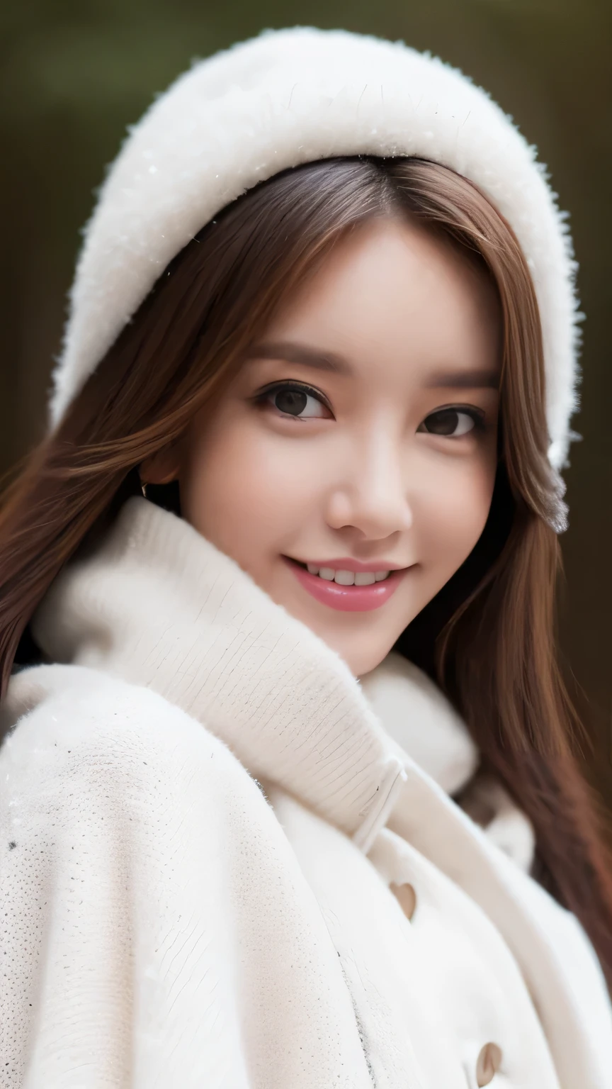 1girl in, (Wearing a white coat:1.2), (Raw photo, Best Quality), (Realistic, Photorealsitic:1.4), master piece, close up,Extremely delicate and beautiful, Extremely detailed, 2k wallpaper, amazing,((white sweater)) ,finely detail, the Extremely Detailed CG Unity 8K Wallpapers, Ultra-detailed, hight resolution, Soft light, Beautiful detailed girl, extremely detailed eye and face, beautiful detailed nose, Beautiful detailed eyes, Cinematic lighting, Winter Night View, illuminations, Perfect Anatomy, Slender body, ((soft smiling)),((winter, in forest, woods)), snowfall,