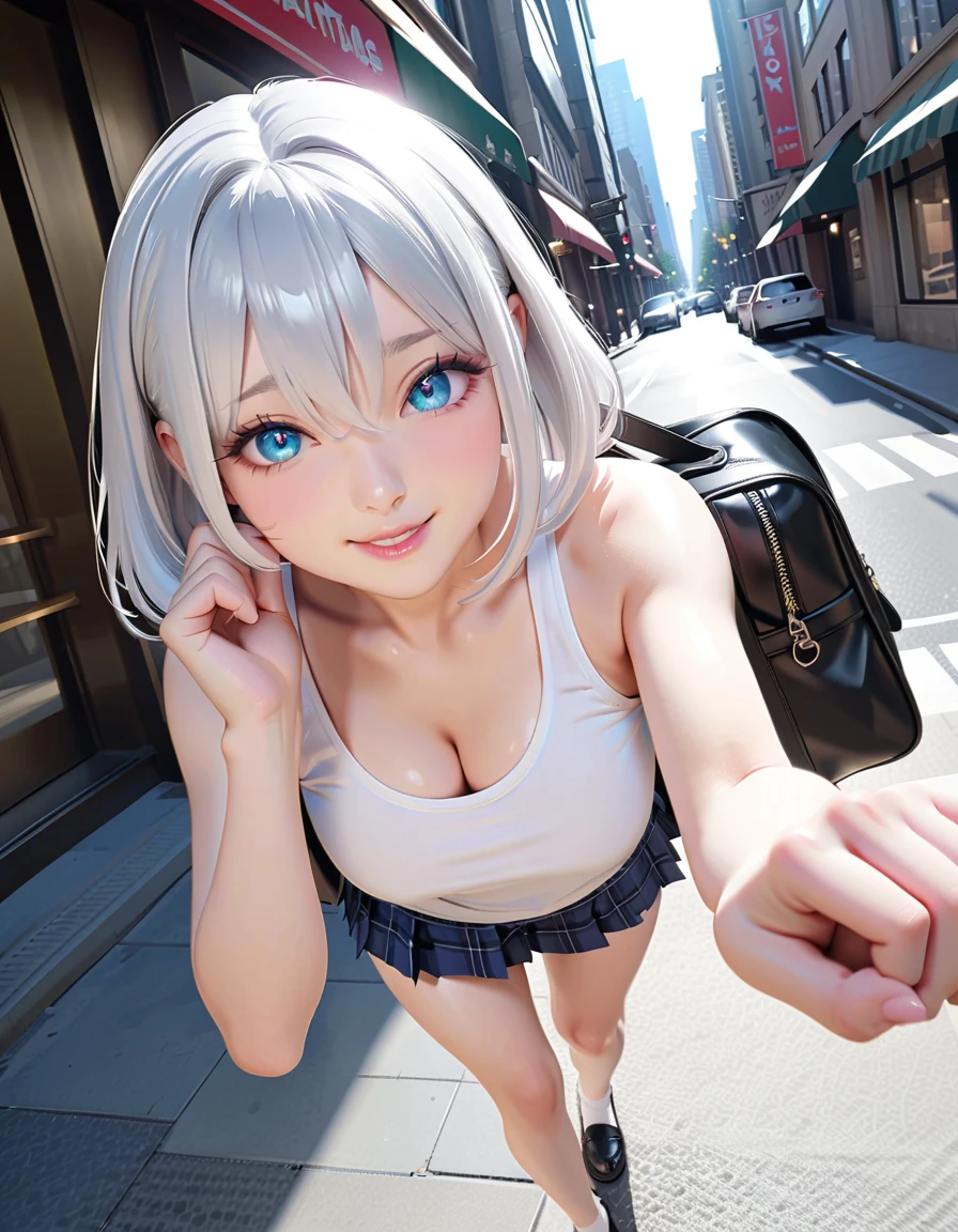 1 Japanese girl, from above, ((shiny silver hair)), bob cut, bang between eyes, beautiful hair), (glossy silver eyes:1.5), (beautiful eyes, twinkle eyes, large eyes), (athlete body, large breasts), cute face, beautiful face, pretty face, beautiful, good anatomy, long eyelashes, expressive eyes, Perfect Hand, perfecteyes, glossy pink lips, BREAK (glossy silver eyes:1.5), (beautiful eyes, twinkle eyes, large eyes), (athlete body, large breasts), cute face, beautiful face, pretty face, beautiful, good anatomy, long eyelashes, expressive eyes, Perfect Hands, embarrassed, perfecteyes, BREAK (School Uniforms:1.3), (wear a beige cable knit-sweater over a white collared-shirt:1.4), (tucked out sweater, sweater pull:1.3), (red bow:1.4), (plaid pattern pleated skirt:1.3), holding a black school bag, BREAK 1girl, morning, walking, sunny, daylight, city, street, dynamic pose, smile, happy, scenary, BREAK Sketch, UHD, retina, masterpiece, high details, high quality, super detail, best quality, highres, 4K, 8k, cute, beautiful, full body detailed, 32K, high details, perfect lighting, perfect anatomy, sharp outline, high definition, extreme illustration, ambient lights, soft light,