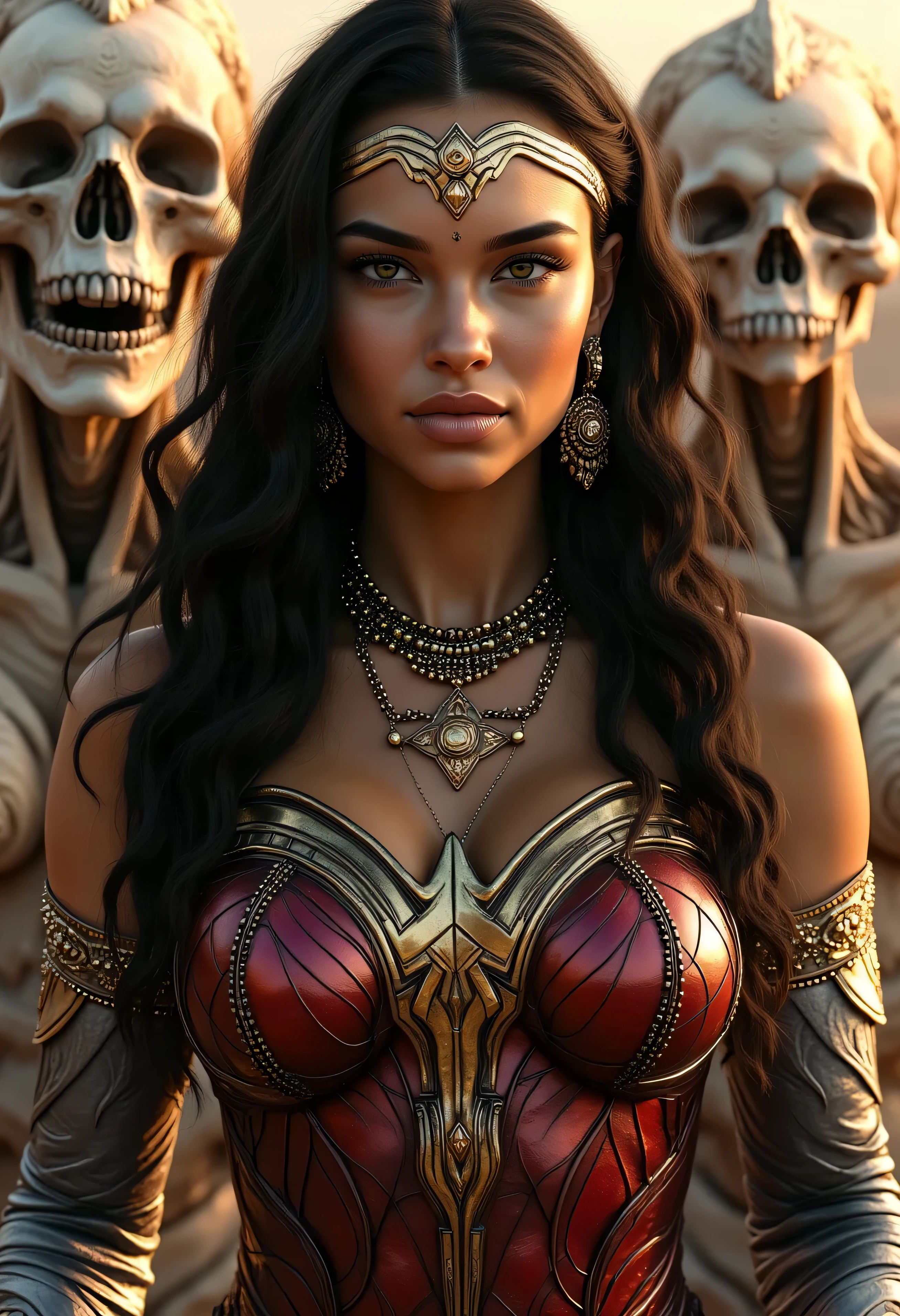 Scene from Movie, Wonder Woman from DC Close-Up, Distorted Space, Distorted Undead in the Background, Lens Flares, Light Shafts, Intricate Details, High Detailed, Volumetric Lighting, 4k Rendering, Stock Photo, Hyper-Realistic, Realistic Textures, Dramatic Lighting, Unreal Engine