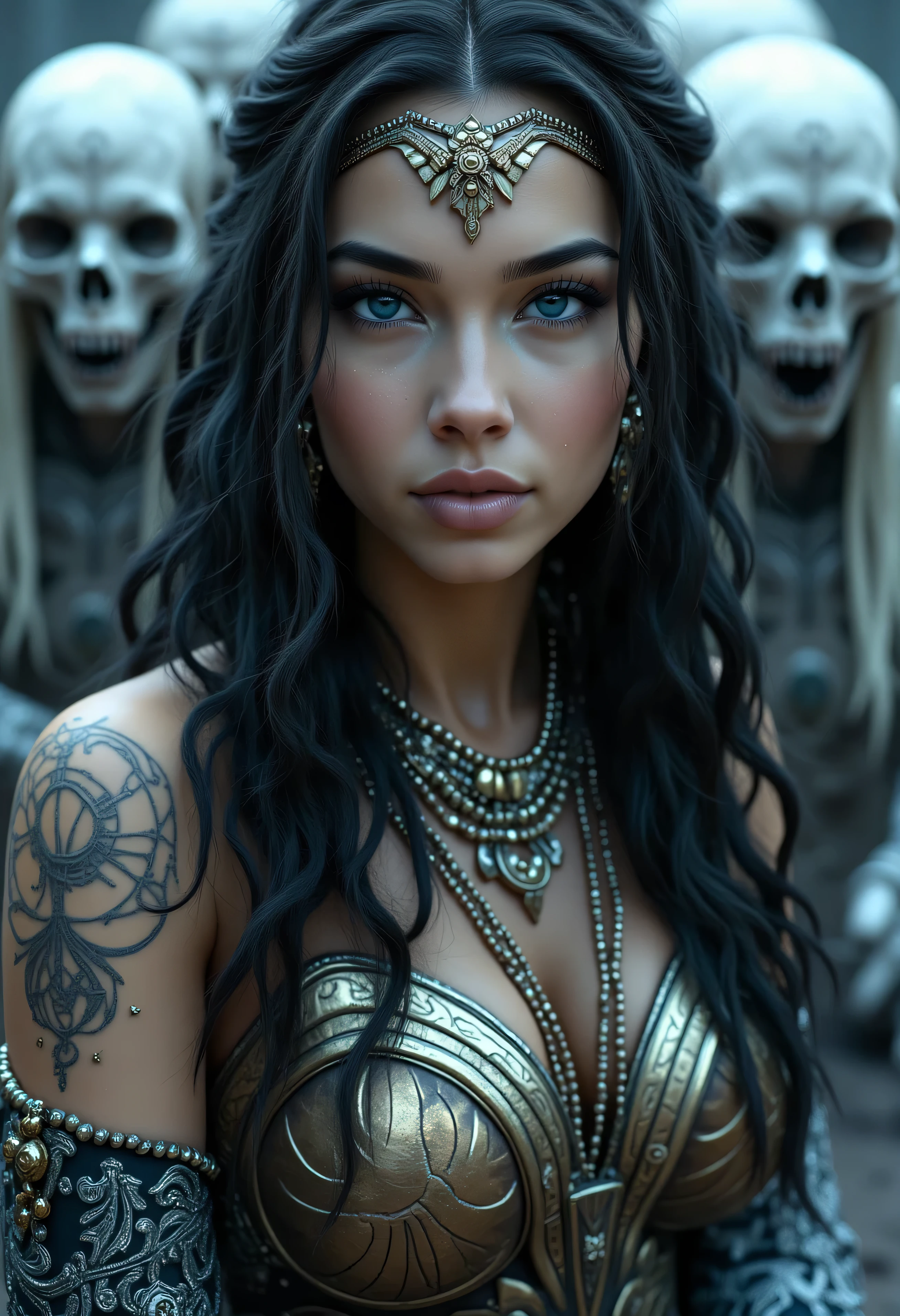 Scene from Movie, Wonder Woman from DC Close-Up, Distorted Space, Distorted Undead in the Background, Lens Flares, Light Shafts, Intricate Details, High Detailed, Volumetric Lighting, 4k Rendering, Stock Photo, Hyper-Realistic, Realistic Textures, Dramatic Lighting, Unreal Engine