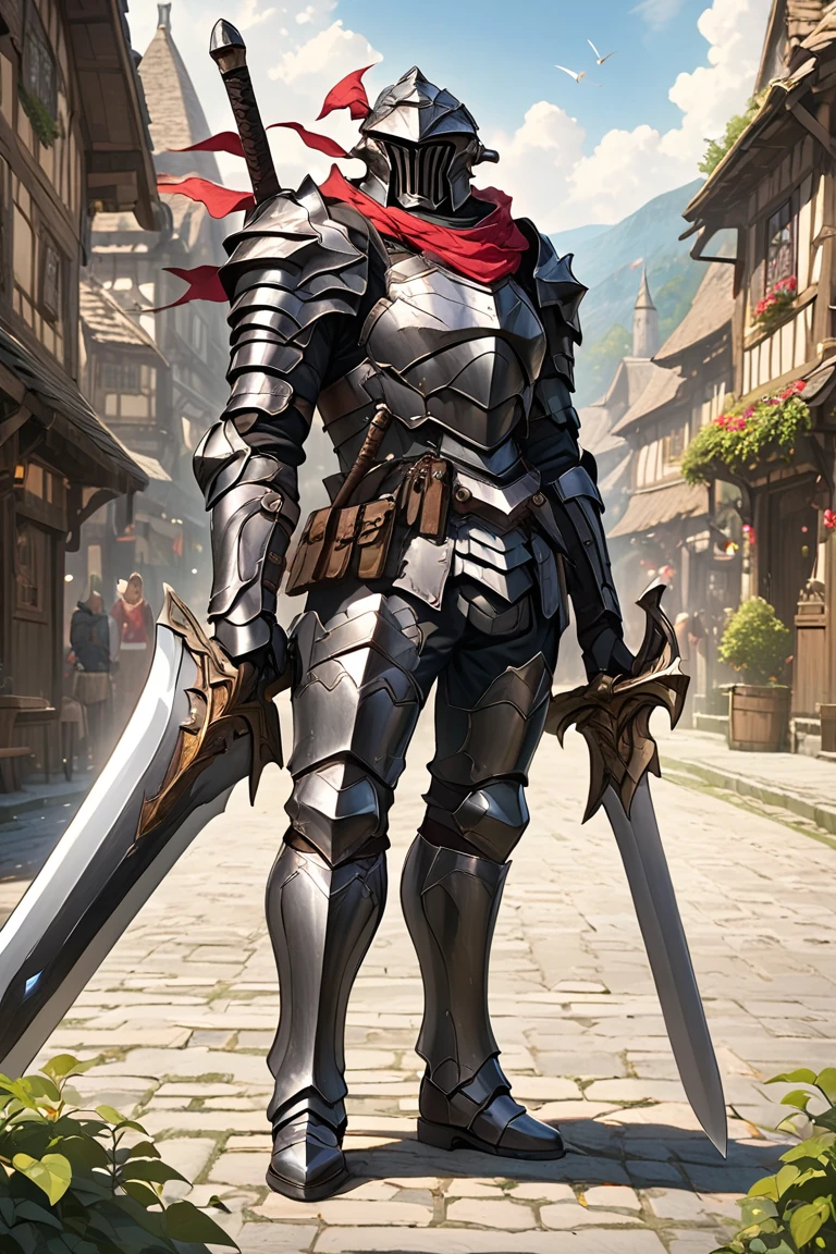 man,  Fairy Slayer ,  Heavy Armor Handheld Giant Sword,  Background Village Center , Full Body View , man,  Very detailed,  high detail