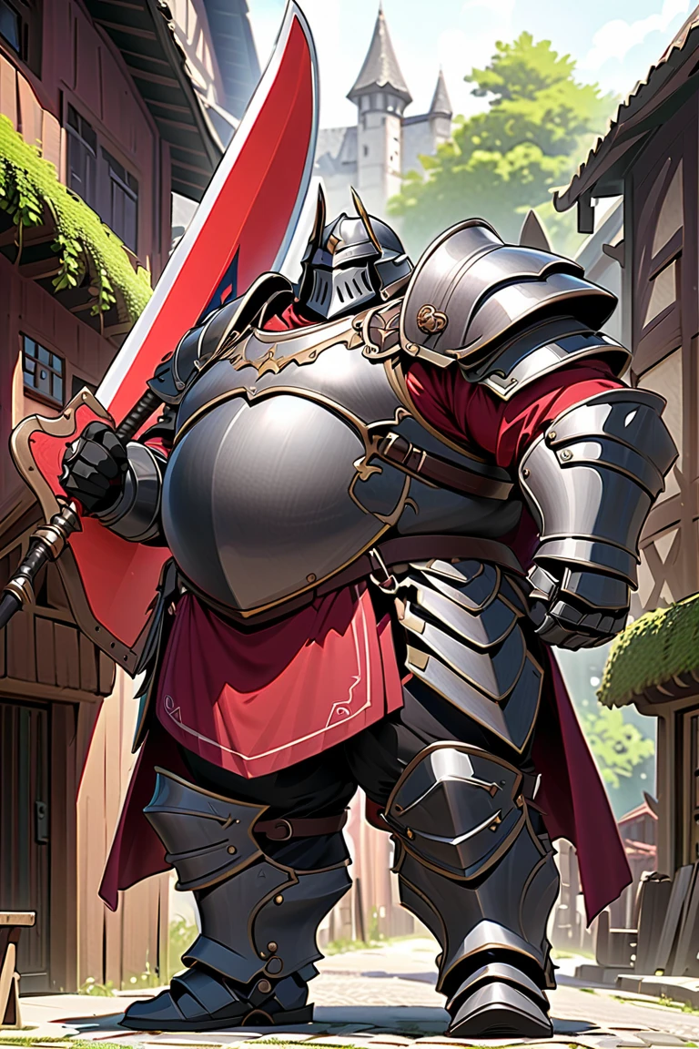 man,  Fairy Slayer , Berserker,Overweight Knight , Wearing Heavy Armor Handheld Giant Sword Shield,  Background Village Center , Full Body View , man,  Very detailed,  high detail