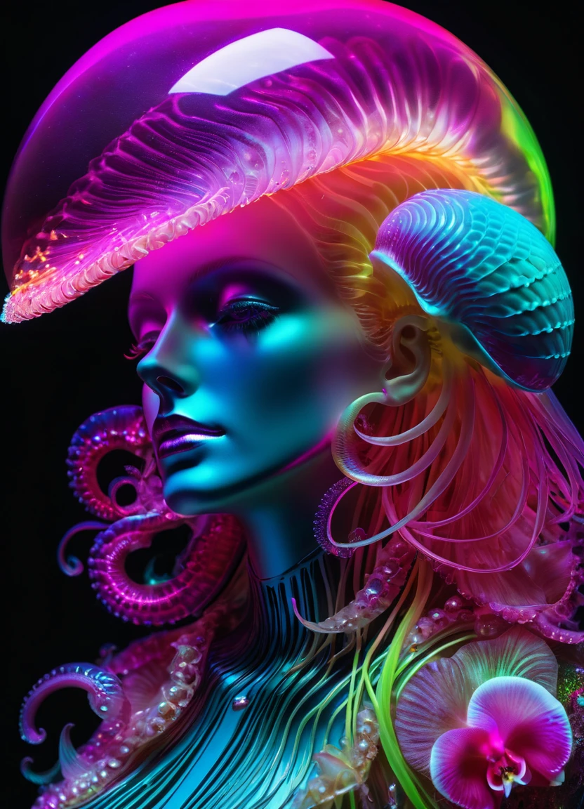  close-up portrait of a goddess, Jellyfish, Nautilus, orchid, skull, beta fish , Bioluminescent organisms,  intricate art ral-czmcrnbw g1h3r ral-3dwvz ,  subsurface scattering , PhotoRealistic, HyperRealistic,  analog style , Realistic, film photography,  soft writing,  Heavy Shadow ,  neon pink ombre color scheme , Neon Blue, Neon Yellow, Neon Green,