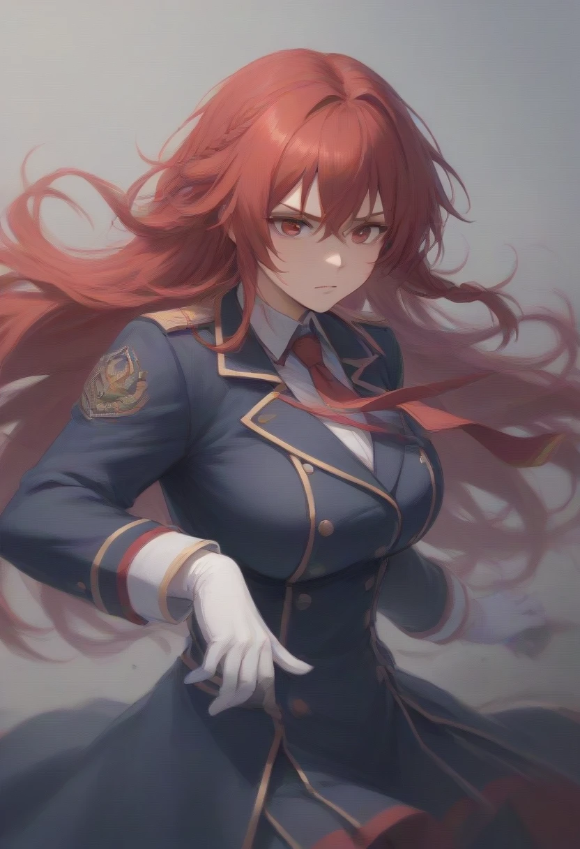 (Clavage),iris midgar, long hair, red eyes, braid, red hair, skirt, gloves, long sleeves, jacket, necktie, white gloves, uniform, military, military uniform,clavage,huge breast