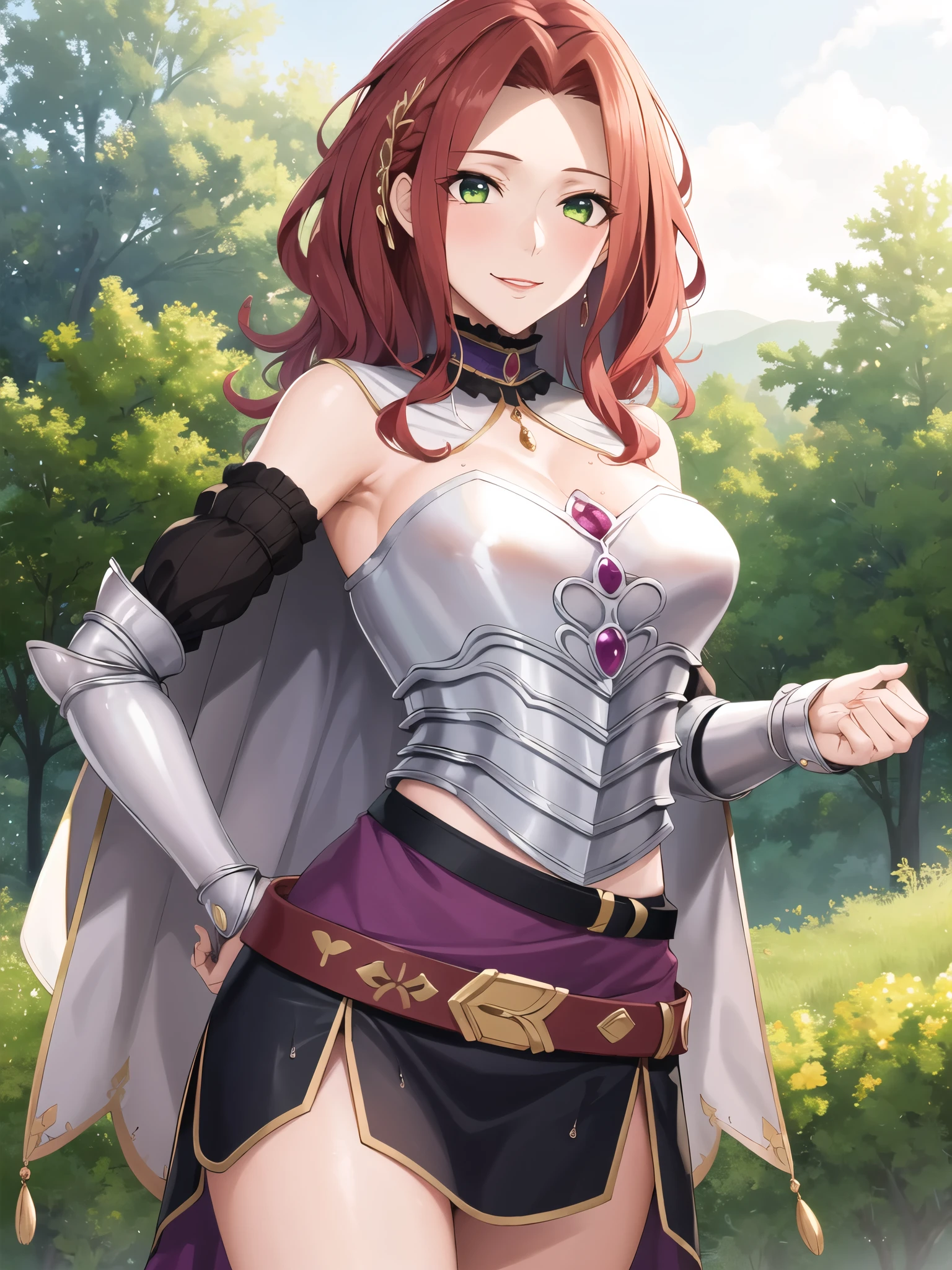  show me her armpits, Watch Viewers , wet skin . bewitching smile, Sexy Poses,masterpiece, Best Quality,  high definition, Amen , Alone, Long Hair,  choker, Cape, armor,  clevis, breastplate, armored dress,  separated sleeve, belt,  purple skirt, Thigh length,  is standing,  cowboy shot, town,  in an ancient forest ,