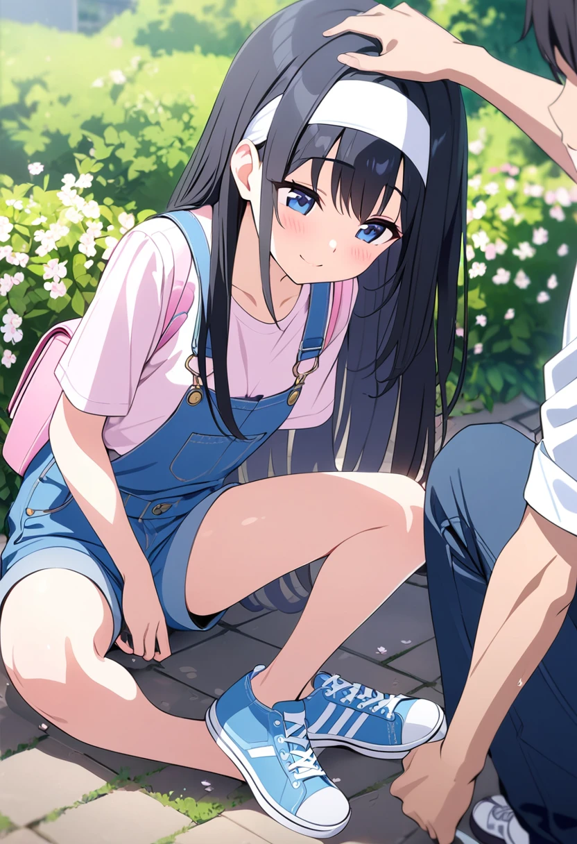  masterpiece、 1 、 very small breasts、 denim overalls、  Shiny black hair  、 long straight hair、white headband、 Light blue sneakers 、cute pink backpack 、Dark blue eyes、fun、  innocent smile  、A guy who is an office worker 、 is stroking a girl's head、Flowering park、