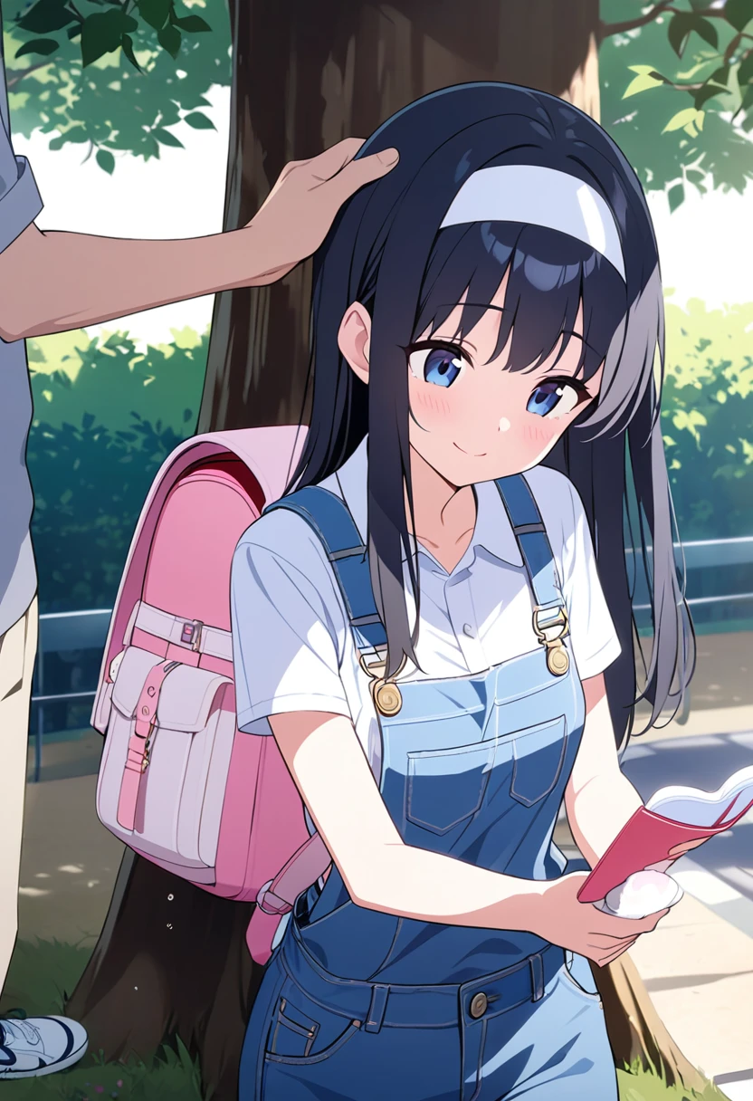  masterpiece、 1 、 very small breasts、 denim overalls、  Shiny black hair  、 long straight hair、white headband、 Light blue sneakers 、cute pink backpack 、Dark blue eyes、fun、  innocent smile  、A guy who is an office worker 、 is stroking a girl's head、Flowering park、Tree shade