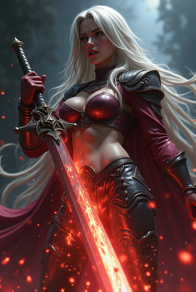 A beautiful muscular female Drow, wielding a long sword, fighting stance, very dimly light, cinematic lighting,