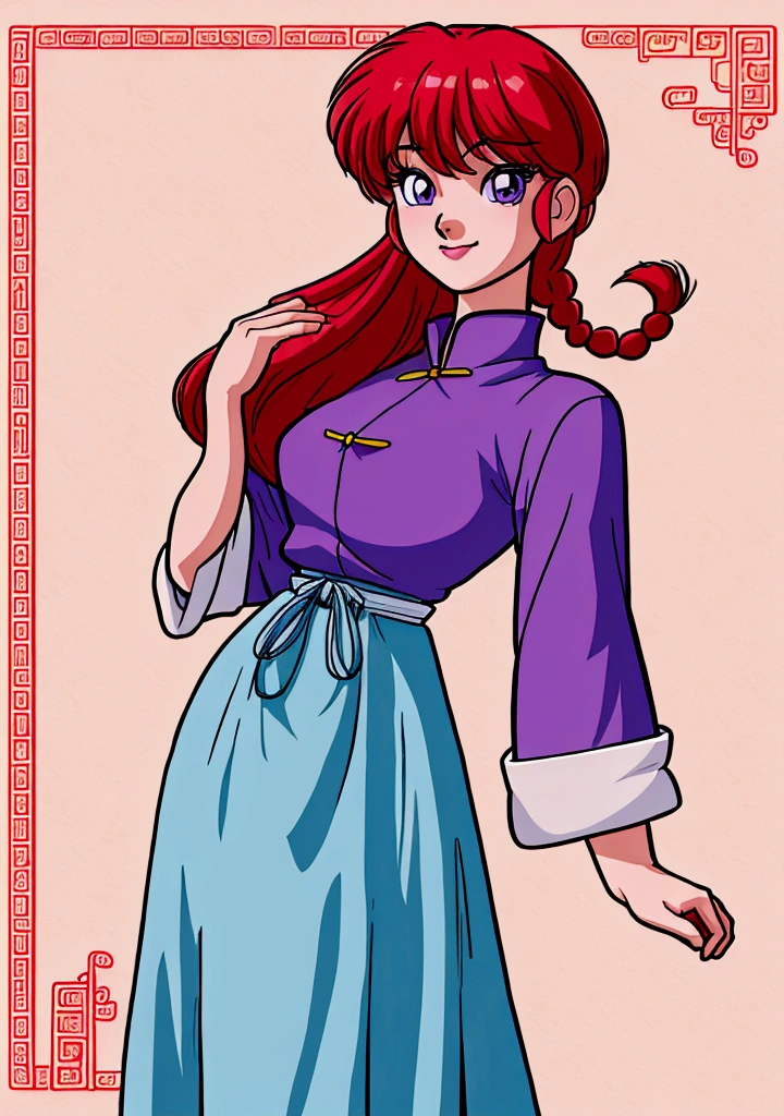 Create Female Ranma, Clear outline, Full body color photo, ( Beautiful and delicate eyes), ( pretty face:1.3), Wakaki's Smiling Face , long red hair， Bangs,  blue-gray eyes ,  big eyes， Chubby  ，(Chinese Hansel :horse face long skirt),top:  Fit Purple Chiffon High Waist Loose Elegant Nine Split Pleated Long Skirt(actual:1.2),(Floral),   (actual上下身衣服是:3.7. Scale)。