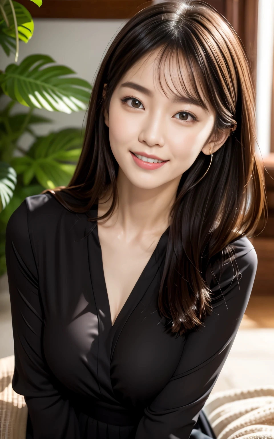 Best Quality, shape, Super detailed, finely,  high definition, 8k wallpaper, 完璧なダイナミックな構shape, Beautiful Skin, (Big Eyes), Beautiful 20 year old girl,  naturally colored lips, ( Sexy Poses), Center of chest, smile,  Highly Detailed Face and Skin Textures , Detailed eyes, double eyelid,My teeth are falling out and I'm laughing , close-up, from side,   long brown hair , ( Black suit ), (blouse:1.2), garden