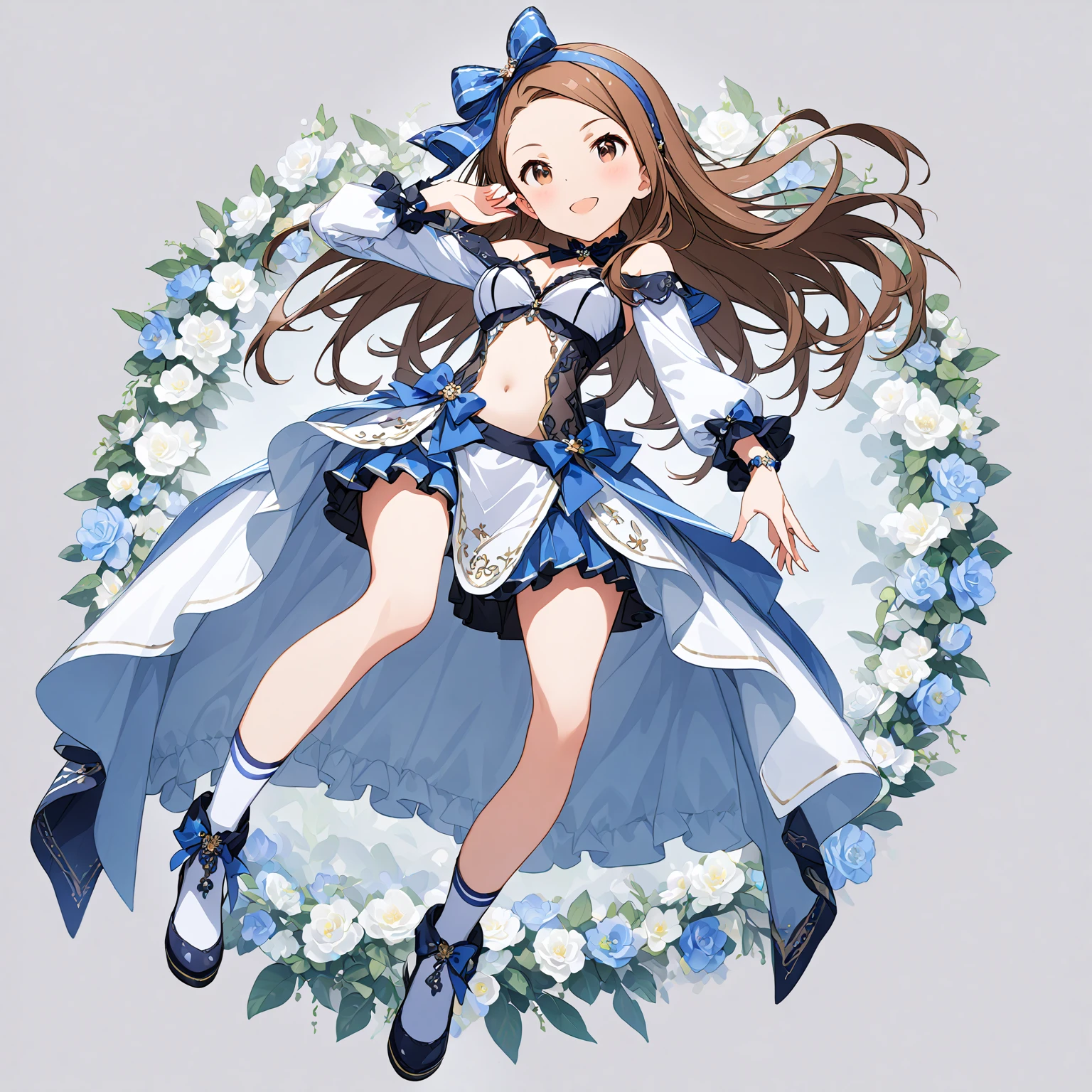 (1 girl),(Alone),

(masterpiece)、 high quality、 high definition、 intricate details、4K、8k、
(Light gray background)、Grey Room、
(head to toe:1.5、full body view:1.5)、At the center:1.2、

break
(Minase Iori)、14 Talents、
(round face)、(Brighten your face:0.7)、(Big brown eyes:1.0)、(非常にDetailed face)、(round face)、
(Long brown hair)、bangs、amount、(Hair band)、
(Detailed face:0.7)、(smile)、
 Beautiful Breasts 、

 slender figure、

(fair skin)、delicate smooth skin、Beautiful Skin、

break
( blue off-the-shoulder top with bow)、
( mini tight skirt)、
blue high socks、

( exposes bare belly)、
(show panties:0.5)、

looking at viewer, 

Slight Body,
Medium Breasts,
Petite Height,

(Alone Focus:1.0),
(Standing:1.2),
(Seductive pose:0.2),

(Full body Shot:1.2), 
(From the front),

(No background),