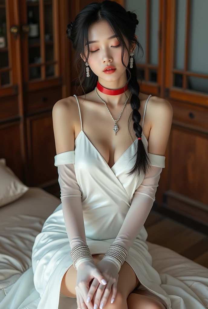 Sleeping Girl,Top image quality,movie camera,Young and beautiful princess in the Chinese royal palace,Wearing gorgeous white panties and Chinese style red nightgown,Live in China's ancient royal palaces,Relax in the bedroom,Full body portrait,Stylish art,,Detailed face,Happy.,a closeup,beutiful breast,