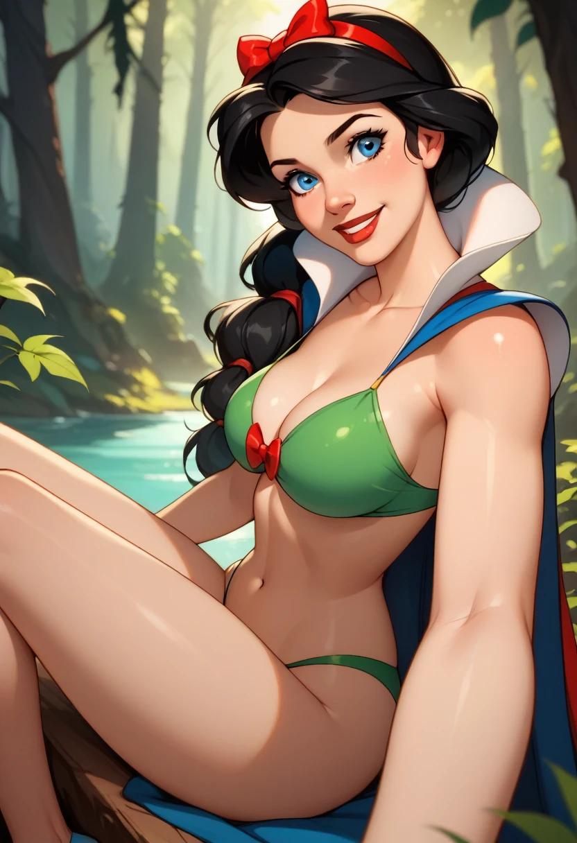 
    Snow White    , blue eyes, (:1.1),Long and loose hair,   long black hair  ,, (green floss bikini ),  exposed legs  , thick thighs ,     Knee-high,    shiny and oily skin   , big ,
Selfie,focus only,    ,   smiling,very sexy and daring      ,brilliance,   Open your legs sitting on a tree trunk, In the dark forest , 