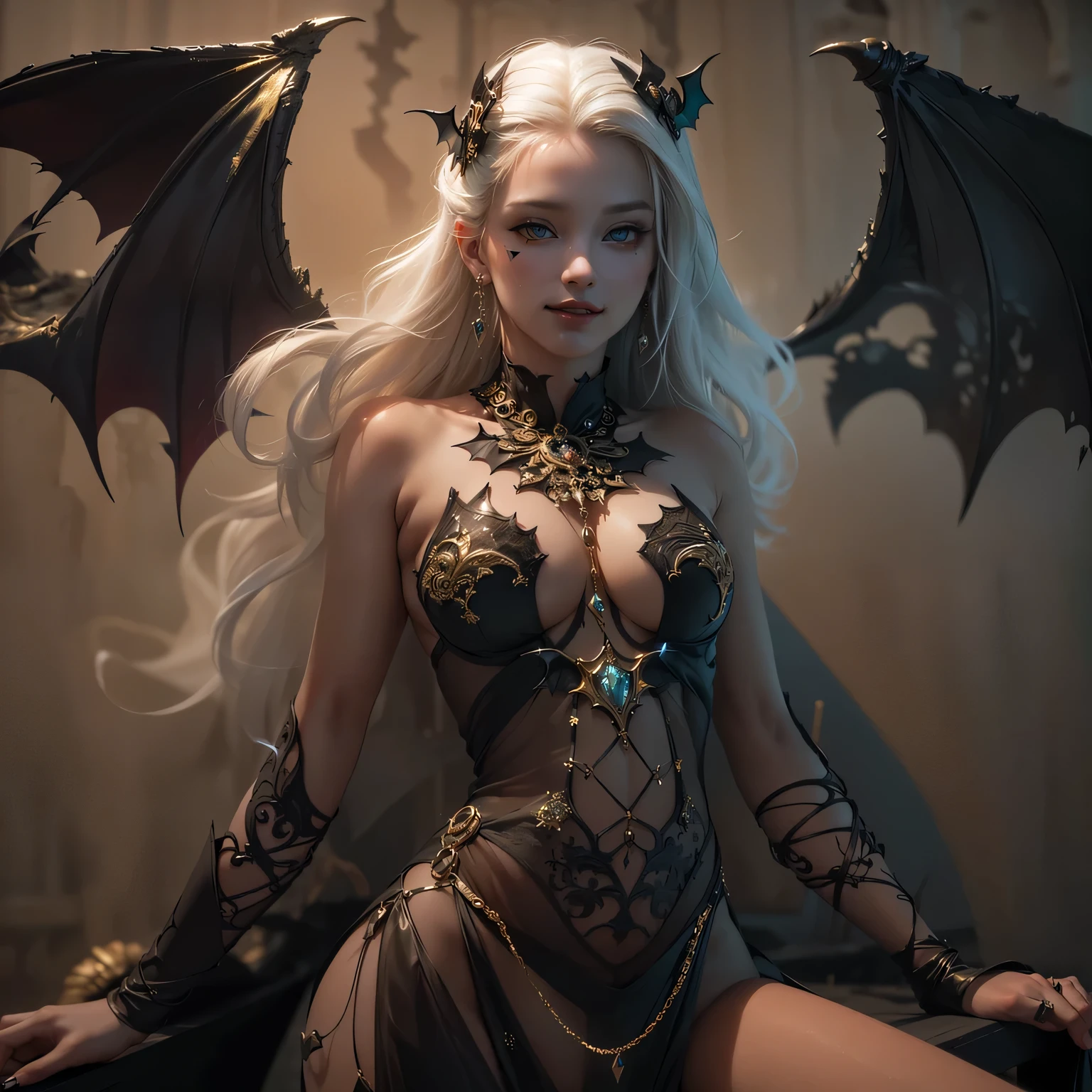 ((highest quality)), ((masterpiece)), (be familiar with), charming succubus, mysterious beauty, perched above the clouds, (fantasy illustration:1.3), captivating gaze, seductive pose, delicate wings, Otherworldly charm, mysterious sky, (Luis Royo:1.2), (Yoshitaka Amano:1.1), Moonlight night, soft colors, (be familiar with cloudscape:1.3), (High resolution:1.2)