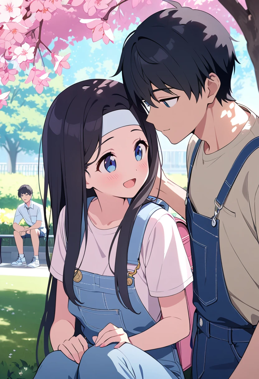  masterpiece、 1 、 very small breasts、 denim overalls、  Shiny black hair  、 long straight hair、white headband、 Light blue sneakers 、cute pink backpack 、Dark blue eyes、fun、  innocent smile  、A guy who is an office worker 、A guy is kissing a girl、Flowering park、Tree shade