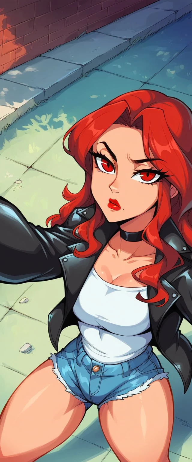 score_9, score_8_above,
Lenore    (castelovania),  red hair,  long hair  ,  red eyes , (:1.1),   black leather jacket, red lipstick, Spit choker ,((( short and tight denim shorts))), leather gloves, exposed legs  , thick thighs ,   Knee-high,   bright, oily skin  ,
Selfie,focus only,     Lee's half-closed eyes,   serious expression  ,
,magical glow, Precise Anatomy,  vibrant colors   ,Night outdoors