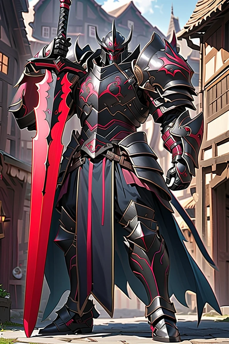 man,  Fairy Slayer , Berserker, Heavy Armor Handheld Giant Sword,  Background Village Center , Full Body View , man,  Very detailed,  high detail