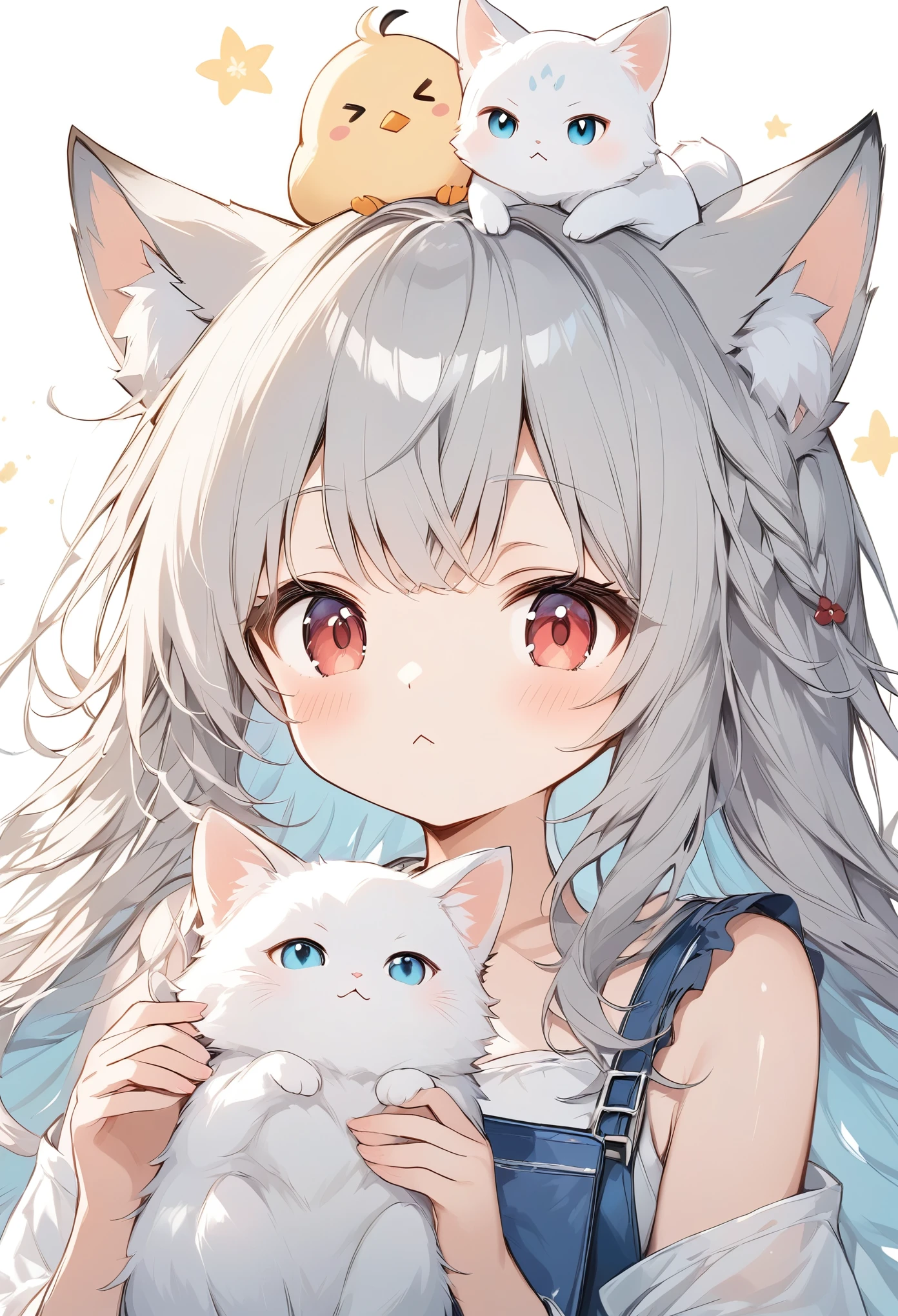  thin and soft painting style、White fox girl  、Grey Hair、  Smooth Long Hair  、 fox ears、  fox's fluffy tail 、Ruby Eyes、 Oblique eyes、cute、:<、A white kitten and a chick ride on your head、Drink a drink with a straw