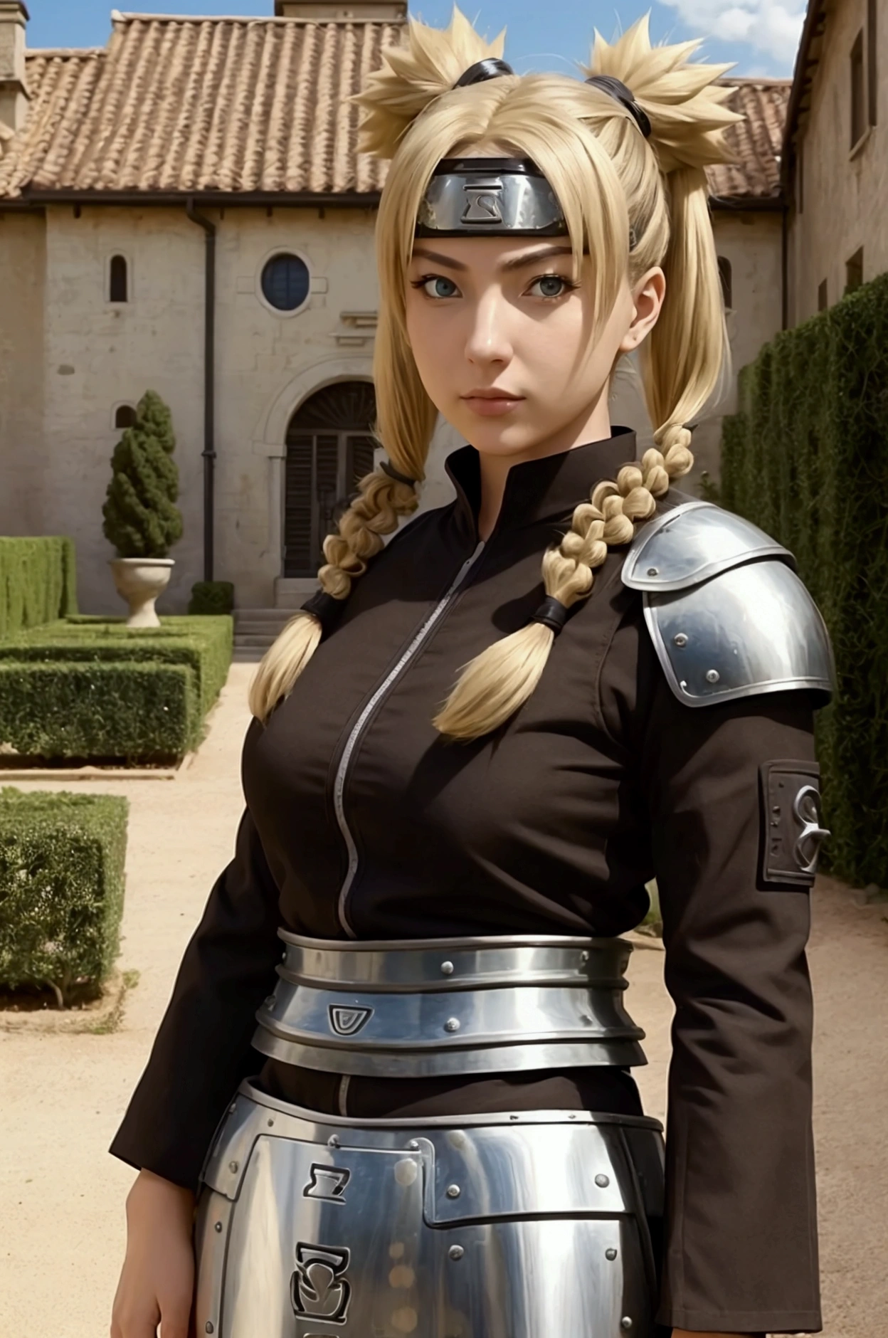 1 italian woman, age 23 break: blonde,brown eyes half up hairstyle with pigtails, temari naruto reference, armored, tall , strong woman, background in garden of castle
