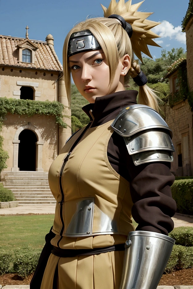 1 italian woman, age 23 break: blonde,brown eyes half up hairstyle with pigtails, temari naruto reference, armored, tall , strong woman, background in garden of castle
