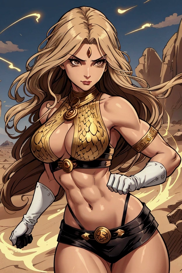 tsundere elf full body toe to head, long hair, blonde hair (green eyes:1.1) pointy ears, elf, multicolored hair, forehead jewel, yellow tiger bikini, standing symmetrical, plain background