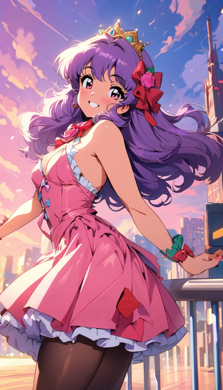 (masterpiece, best quality), high resolution picture of a Japanese female idol, intricate details, extremely detailed, retro artstyle, 1980s \(style\), solo, 1girl, sensual posture, purple hair, pink dress, sleeveless, bare shoulders, wrist corsage, ribbon, frills, red footwear, tiara, (smile), perfect anatomy, perfect hands, outdoors, cityscape, blue sky and clouds,