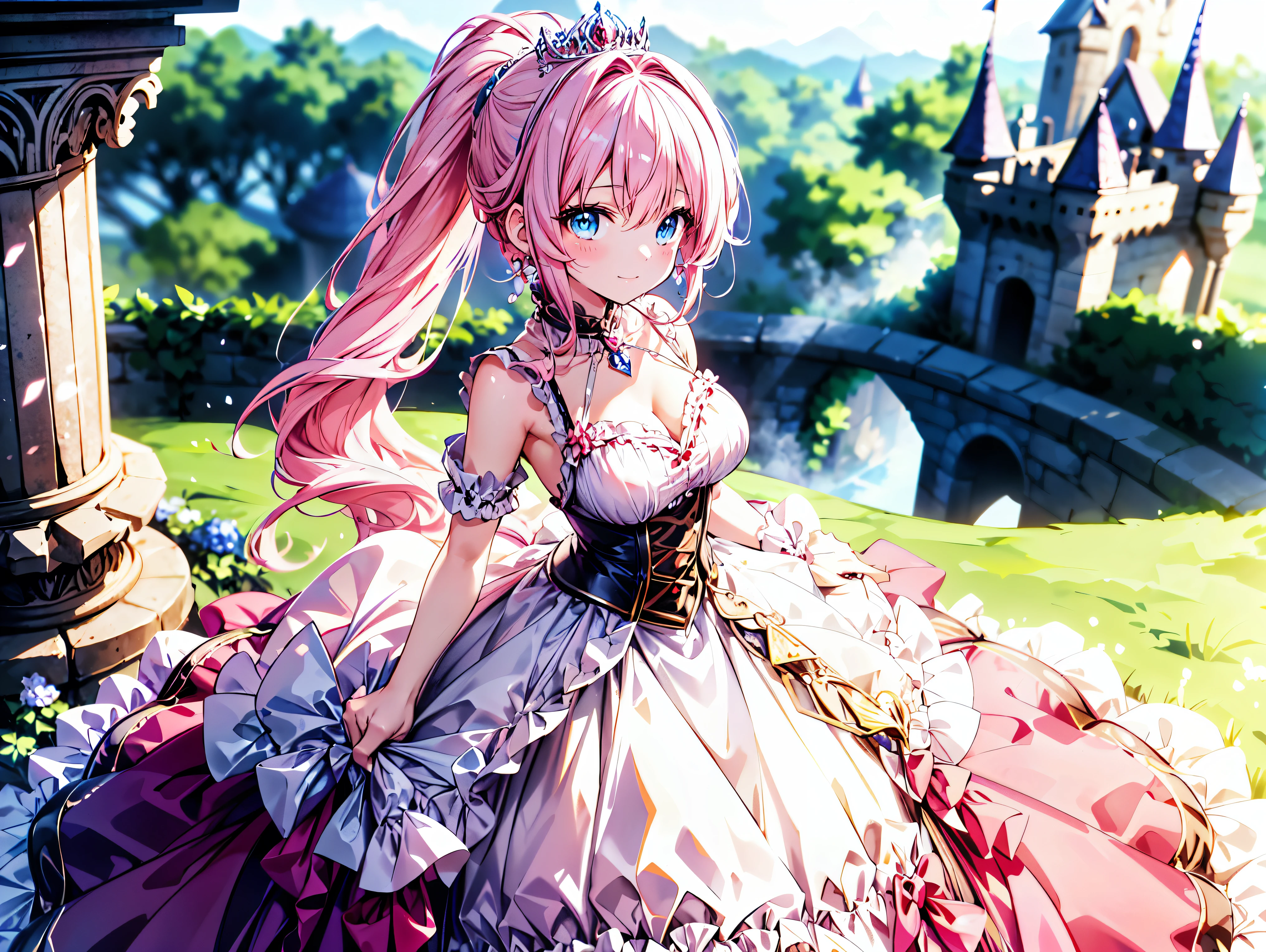 ((Superbly detailed drawing, ultra detailed, exquisite quality, absolutely resolution)), ultra luxurious rococo victorian gown, hoop skirt with volume and expanse, princess style skirt with long hems, extremely complex and difficult understand structure, and ultra multi structured ruffles at ultra detailed and beautiful, finest gown,  
BREAK 
(((hair pink hair))), ((fluffy long ponytail)), super voluminous long expressive, asymmetrical bangs, tiara, huge breasts, shy smile, super detailed skin, super delicate and beautiful face, kawaii face, 
BREAK 
 (eyes blue eyes), (blurry background:1.5), (depth of field), backlighting, caustics, ((fog, fantasy castle)), (dynamic angle:1.3), amazing digital paint, (anime moe art style:1.3), magnificent panorama view, 
BREAK 
 (((young face solo princess))), ((looking at viewer, looking up, from above, leaning forward, from front view)), (((arms behind back))), ((full body)), 