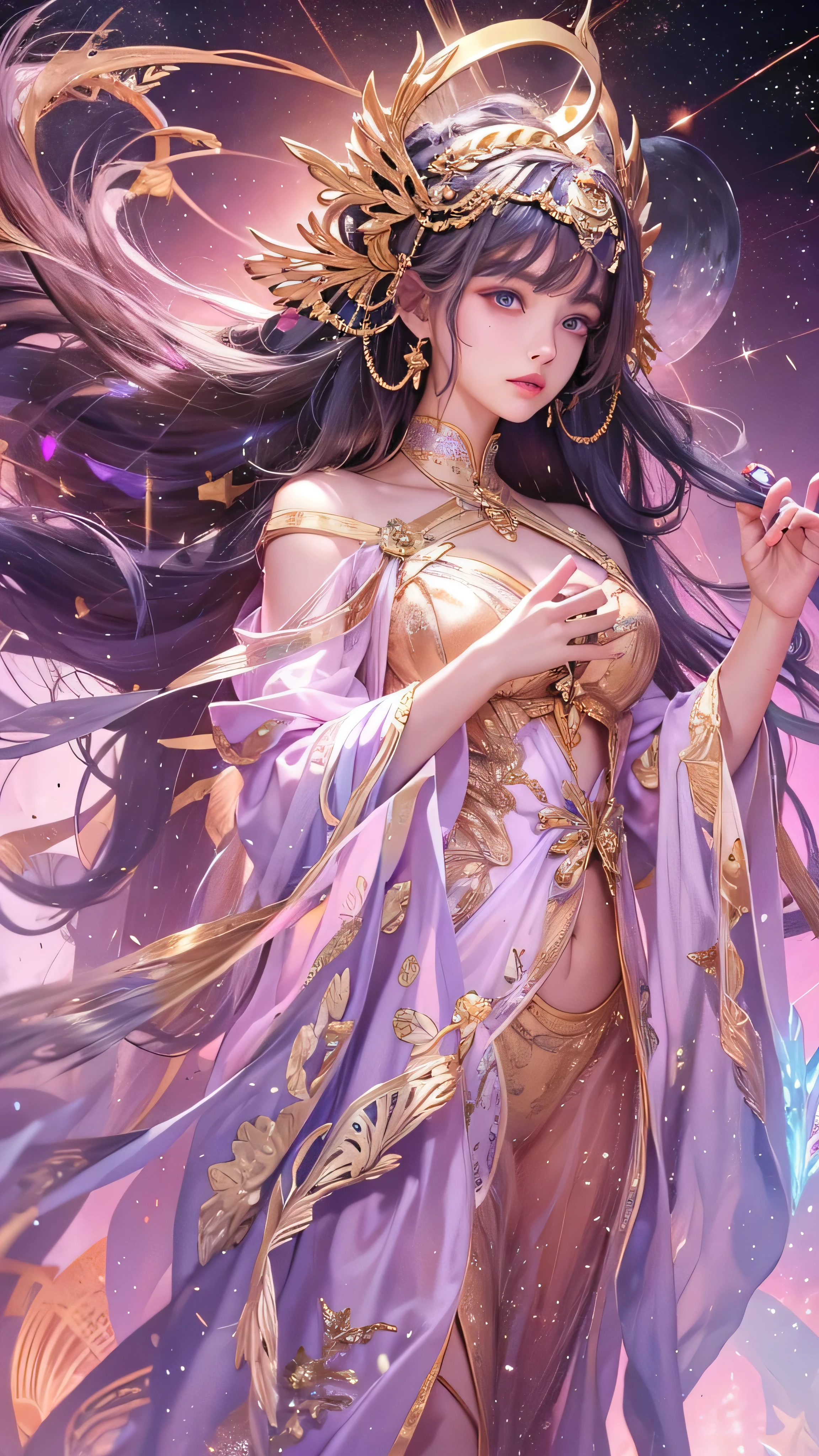 "(...) ((Hyperrealistic, photorealistic, 8k, intricate details)) full body, cyberpunk jaspegeisha masters, beautiful and seductive, space goddess, hot girl, queen of space, cosmic deity, with flowing hair, lush lips and wide and precious breasts, wearing a sexy well-ornate space kimono, wearing a crown of stars and neon flowers, stands imposingly with her hands on her waist on the surface of a planet without an atmosphere ((rocky details and starry sky dust  stellar, nebulae)).