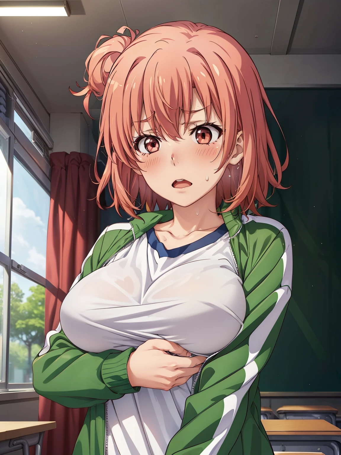 ((Best Quality,  high definition,   perfect pixel,  4K)),  ( Beautiful Anime Girls ),  depth of field 、


yuigahama yui、 short hair、(Big Breasts)、

track jacket、 green jacket、white shirt, 
zipping、
jacket tug、

indoor、School classroom、

(blush:1.3)、sweat、Trembling、