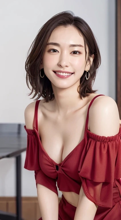  (Open Cafe)、 earrings for a woman alone、Thin face、smile、 embarrassing、(Stylish off-the-shoulder costume)、 Beautiful Small Cleavage 、 short hair、 They Hesitate ,、 wet hair ,  Underarm, erect nipples , ( high color saturation:1.0),  ( very detailed肌), ( Redeem :1.0), ( ultra high resolution:1.0) ,(Realistic:1.0), ( very detailed:1.0), (8k, RAW photo:1.1)、Center of chest 、(Front View)、Brown Hair、slender、 front angle、Leaning forward、Focus on chest、 is anatomically correct,  textured skin ,  high definition model, Beautiful belly button、