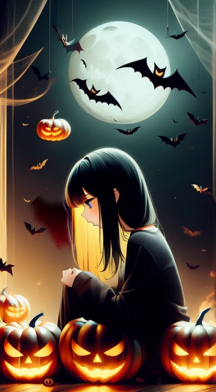 1girl,Halloween,night,moon,