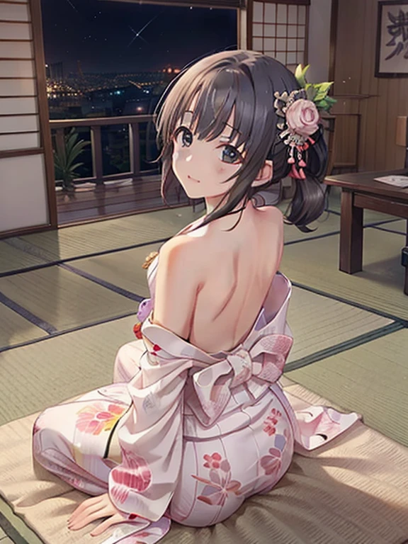 In 8K、top-quality、​masterpiece、 ultra-detailed、 ultra high resolution、 anime style、Traditional Japanese room、night、Dark room with no windows、Light-colored yukata、On the futon、Chest Cleave 、Shoulder Bare,　,Arms back