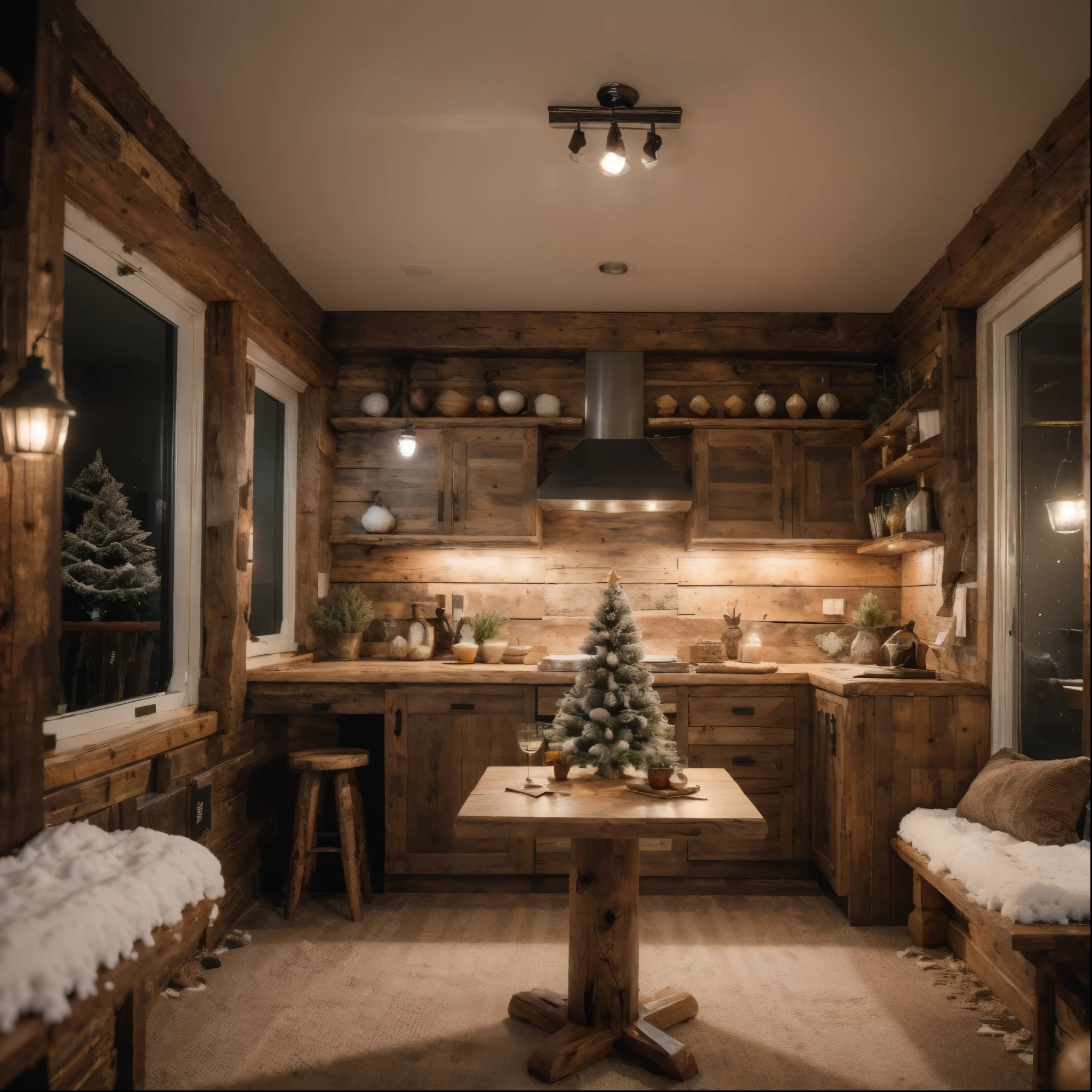 A rustic wooden table, christmas decorations, snow, candles, warm lighting, cozy atmosphere, detailed wood texture, holiday season, festive, 1 table, (best quality,8k,highres,masterpiece:1.2),ultra-detailed,(realistic,photorealistic,photo-realistic:1.37),HDR,studio lighting,extremely detailed textures,professional photography,vibrant colors,warm lighting vista cenital