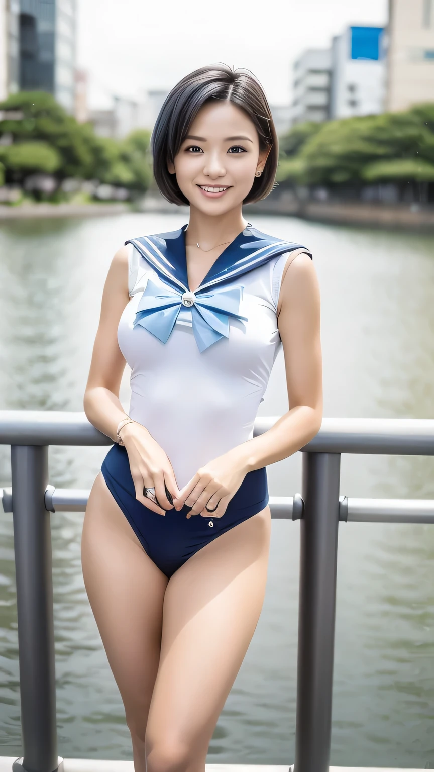 Best Quality 、8k、masterpiece、 ultra high resolution 、Clear Photo、 professional lighting 、Natural Light、Realistic、 High Definition Skins 、 COMPLETE ANATOMY、 one woman、Age 30、:1.8、(Big Breasts)、( blue hair )、 short bob hair、Beautiful Hair、smile、((( Sailor Mercury Costume:1.1)))、 High Leg Leotard 、((Tokyo scenery))、 Sexy Poses、(( full body shot))