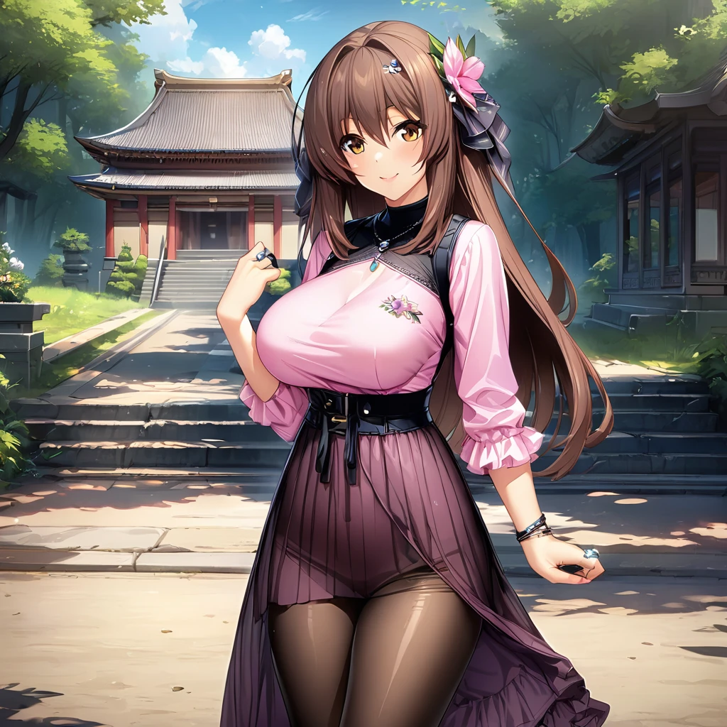 (masterpiece),(Best Quality),(Super detailed),( best illustration ),( best shadow ),(Absurd),( detailed background),( very beautiful ), marina katsuragi,  casual,  1 girl, Alone, Long Hair, Brown Hair,  big breasts at the temple,  pantyhose,  jewellery,  dress, ring,  hair ornament,  in an ancient forest ,  Brown Eyes , black  pantyhose, pink  dress, wet market background, smile 