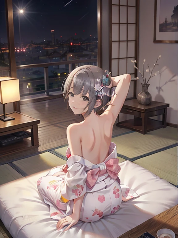 In 8K、top-quality、​masterpiece、 ultra-detailed、 ultra high resolution、 anime style、Traditional Japanese room、night、Dark room with no windows、Light-colored yukata、On the futon、Chest Cleave 、Shoulder Bare,　gray_hair,,short_hair,Arms back