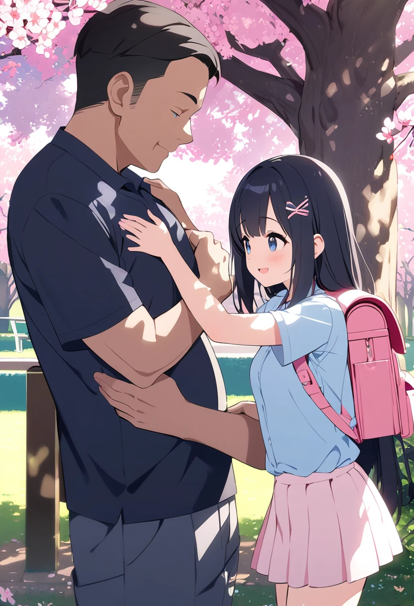  masterpiece、 1 、 very small breasts、Shiny black hair  、 long straight hair、 Pink Hairpins 、  light blue shirt、cream-colored miniskirt pink cute backpack、Dark blue eyes、 innocent smile  、One middle-aged man、Happy man、A guy is kissing a girl、Flowering park、Tree shade