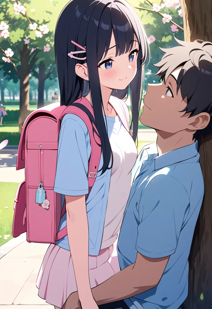  masterpiece、 1 、 very small breasts、Shiny black hair  、 long straight hair、 Pink Hairpins 、  light blue shirt、cream-colored miniskirt pink cute backpack、Dark blue eyes、 innocent smile  、One middle-aged man、Happy man、A guy is kissing a girl、Flowering park、Tree shade