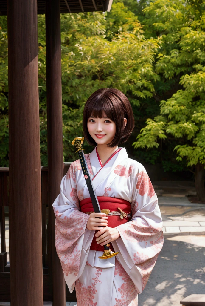 Woman in kimono with a sword, Top quality, bob cut, brown hair, shy-smile, Sunlight