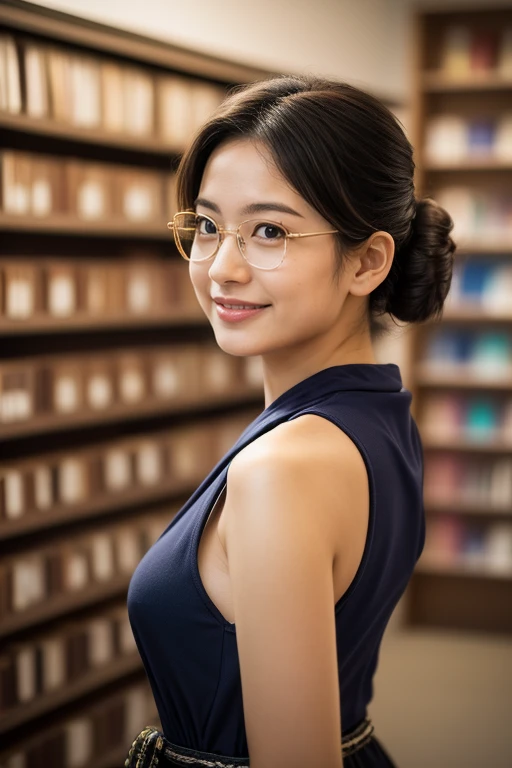 (8k, RAW photo, photorealistic, HQ, masterpiece), a cute Japanese woman, (glowing eyes), 
(light Smile: 0.1 ), Rimless Glasses , (low chignon:1.4), (Elegantly colored Female librarian attire:1.4), 
(in A vast library) , 
Depth of field rally background, 
backlighting, 