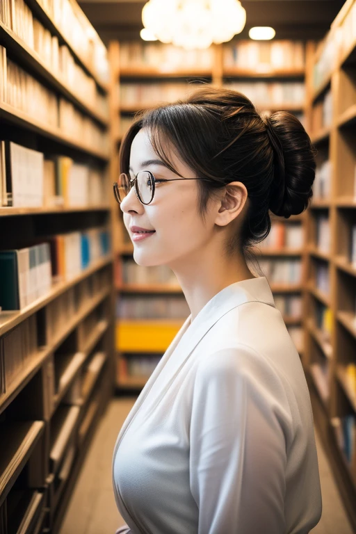 (8k, RAW photo, photorealistic, HQ, masterpiece), a cute Japanese woman, (glowing eyes), 
(light Smile: 0.1 ), Rimless Glasses , (low chignon:1.4), (Elegantly colored Female librarian attire:1.4), 
(in A vast library) , 
Depth of field rally background, 
backlighting, 