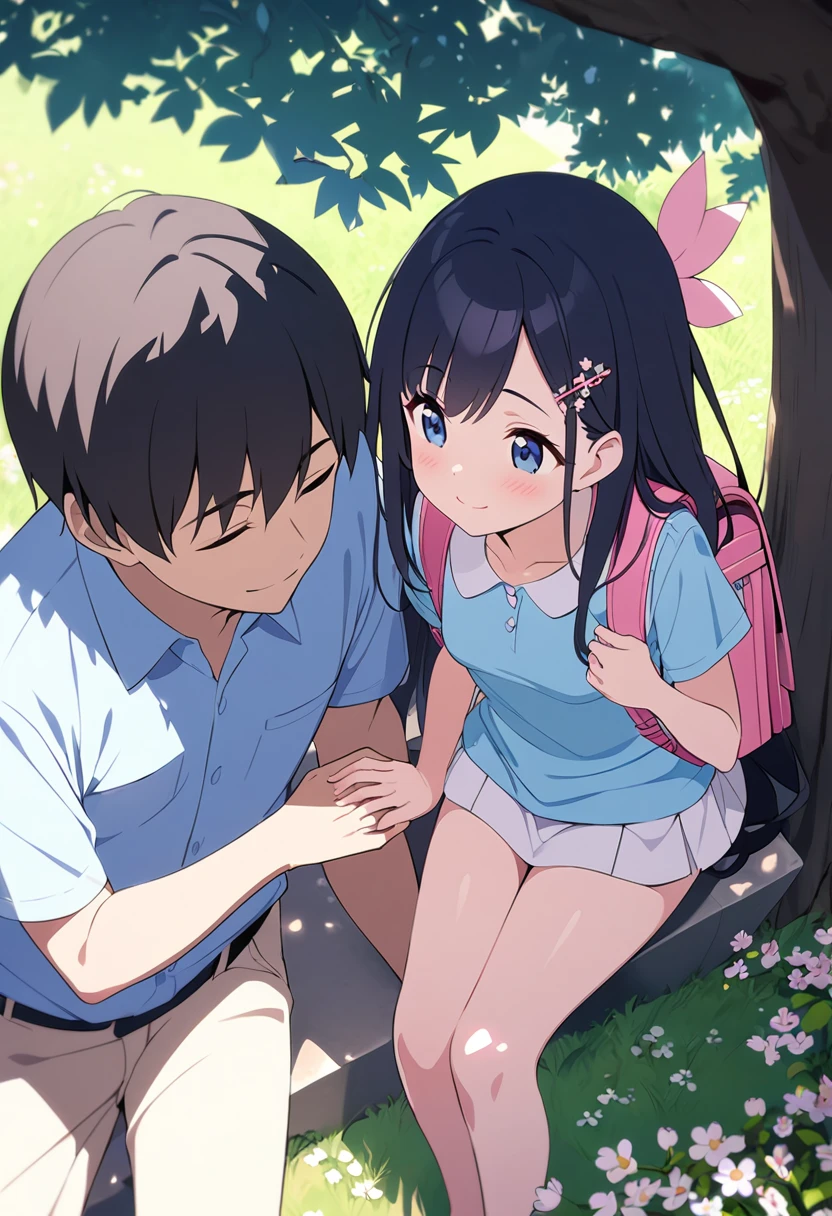  masterpiece、 1 、 very small breasts、Shiny black hair  、 long straight hair、 Pink Hairpins 、  light blue shirt、 cream colored mini skirt pink cute backpack、Dark blue eyes、 innocent smile  、One middle-aged man、Happy man、A man places his hand on a girl's chest 、Flowering park、Tree shade